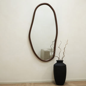 Dark Wood Organic Irregular Wooden Wall Mirror hanging vertically