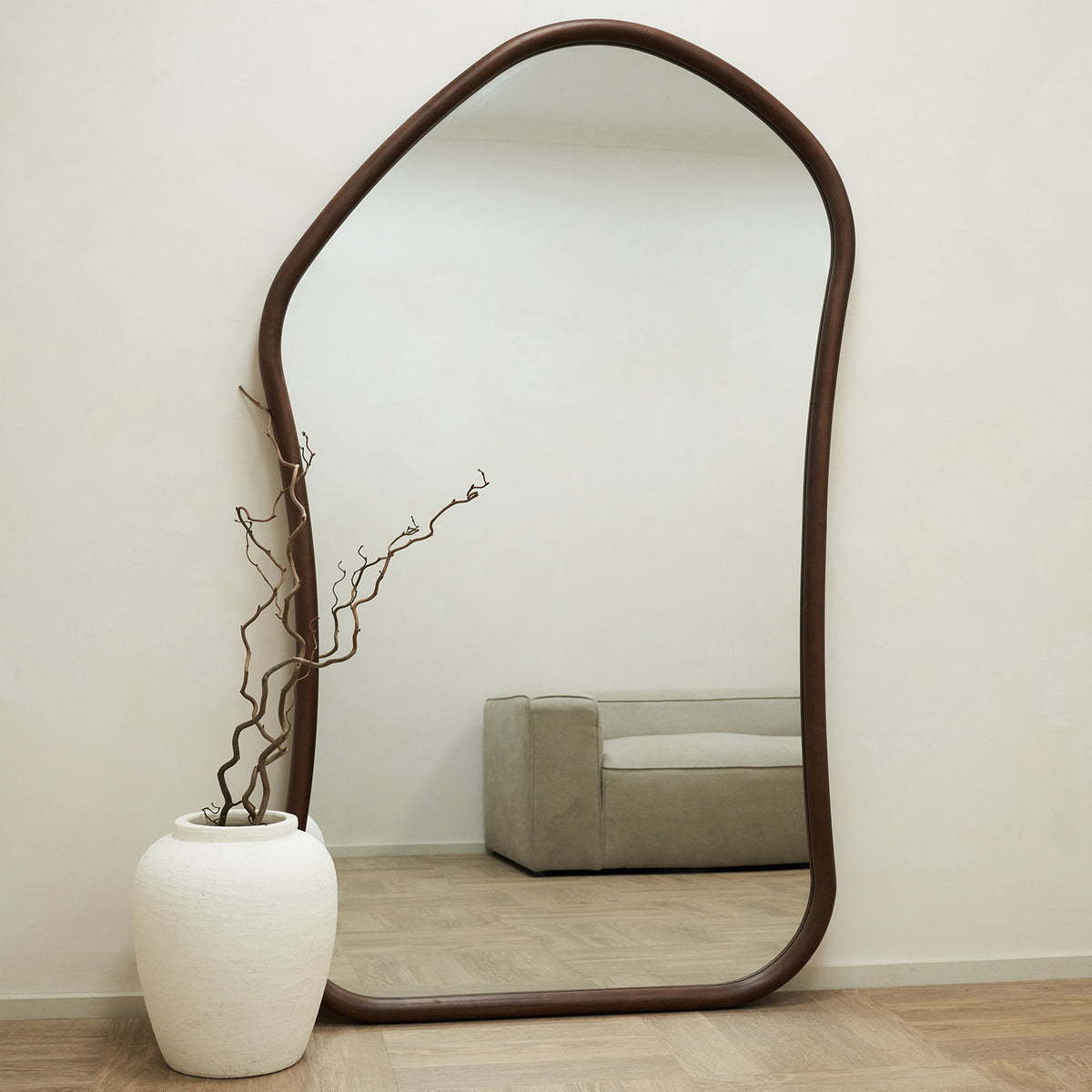Extra Large Full Length Natural Organic Irregular Wooden Mirror leaning against wall