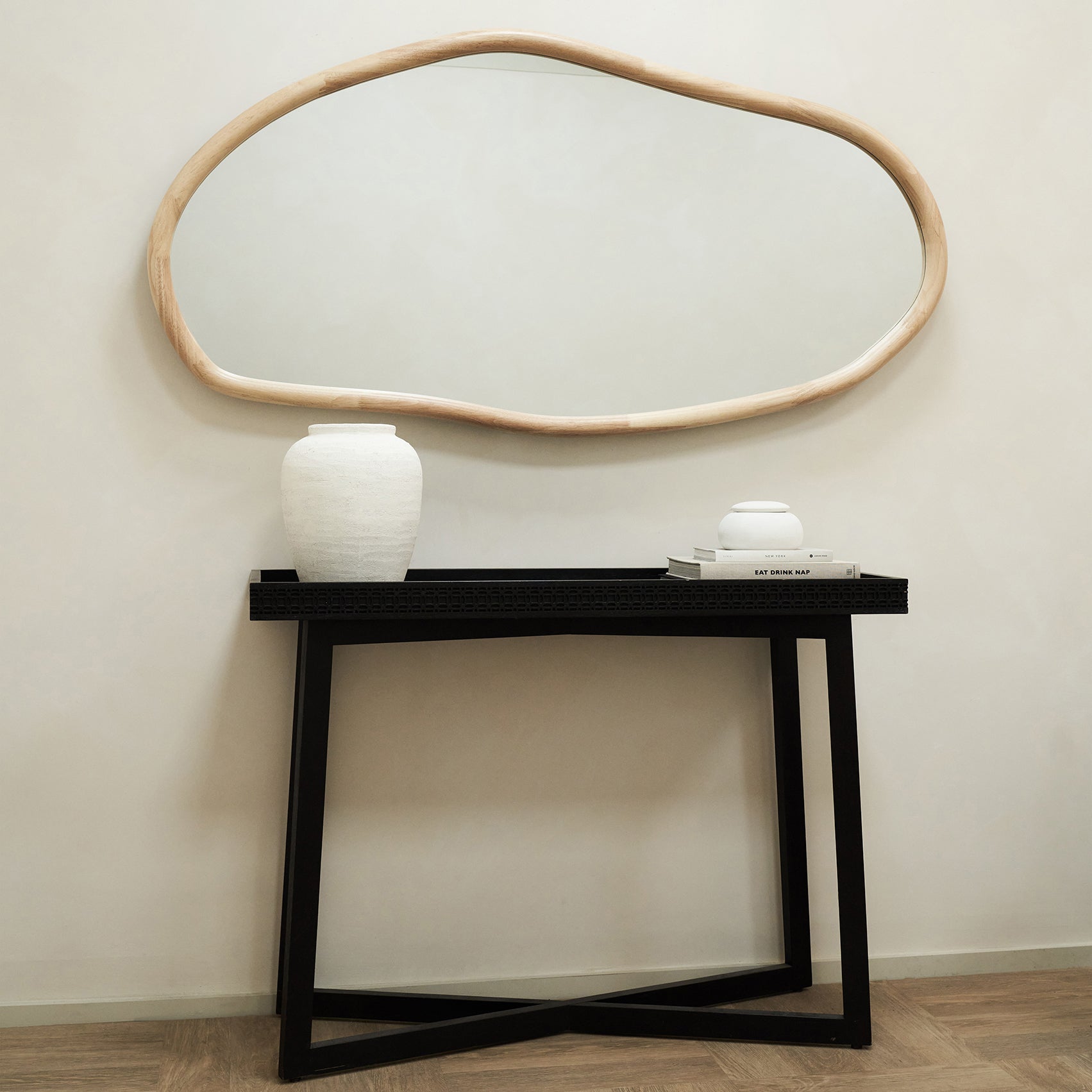 Natural Organic Irregular Wooden Wall Mirror hanging above console table