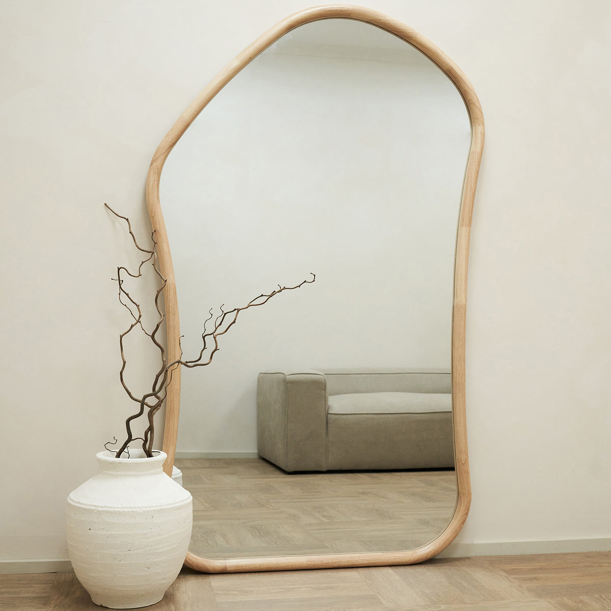 Extra Large Full Length Natural Organic Irregular Wooden Mirror leaning against wall