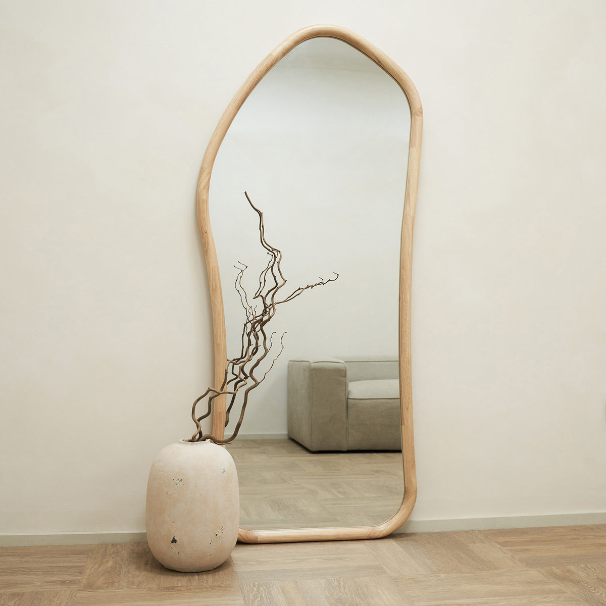 Full Length Natural Organic Irregular Wooden Mirror leaning against wall