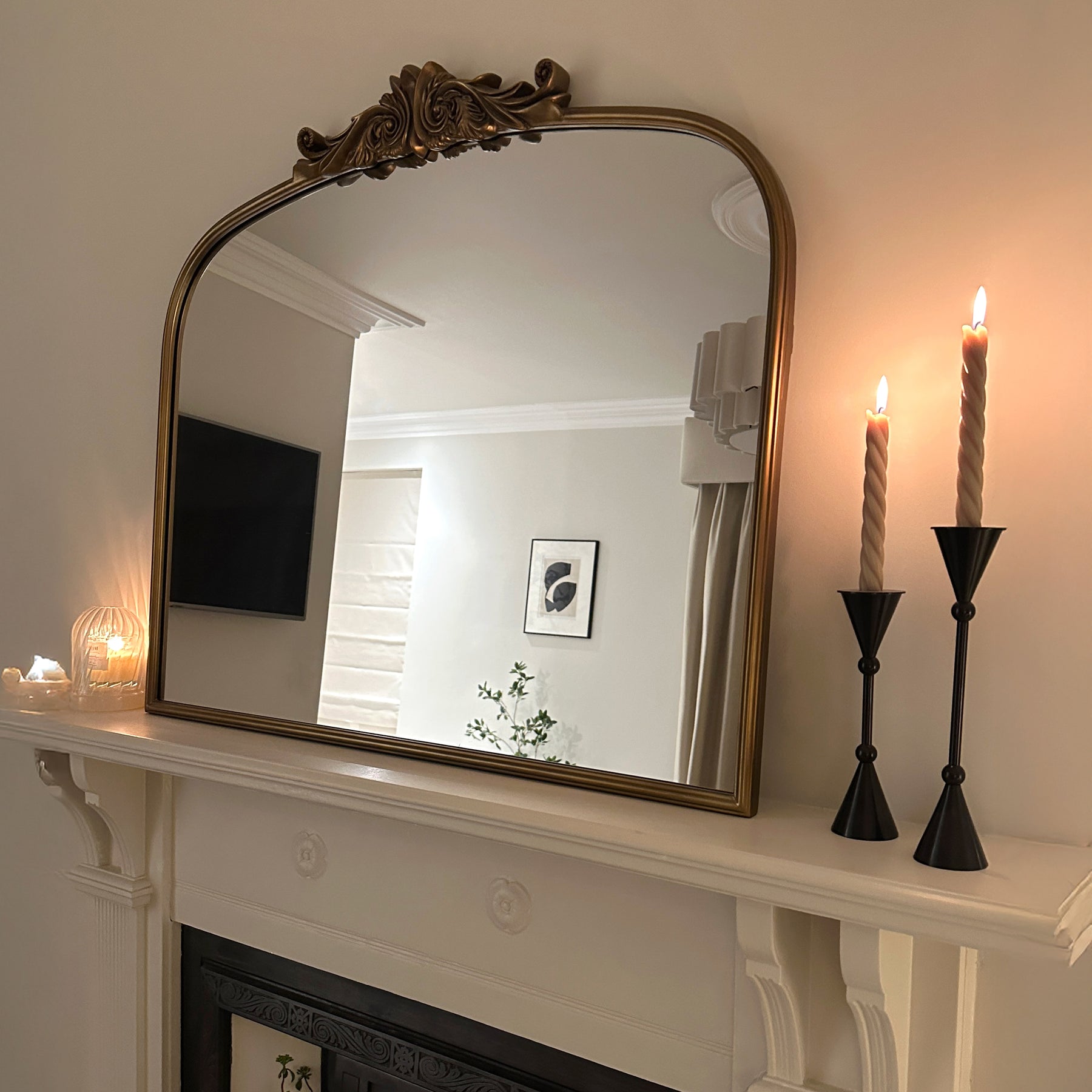 Amelia - Gold Arched Metal Overmantle Mirror 100cm x 87cm