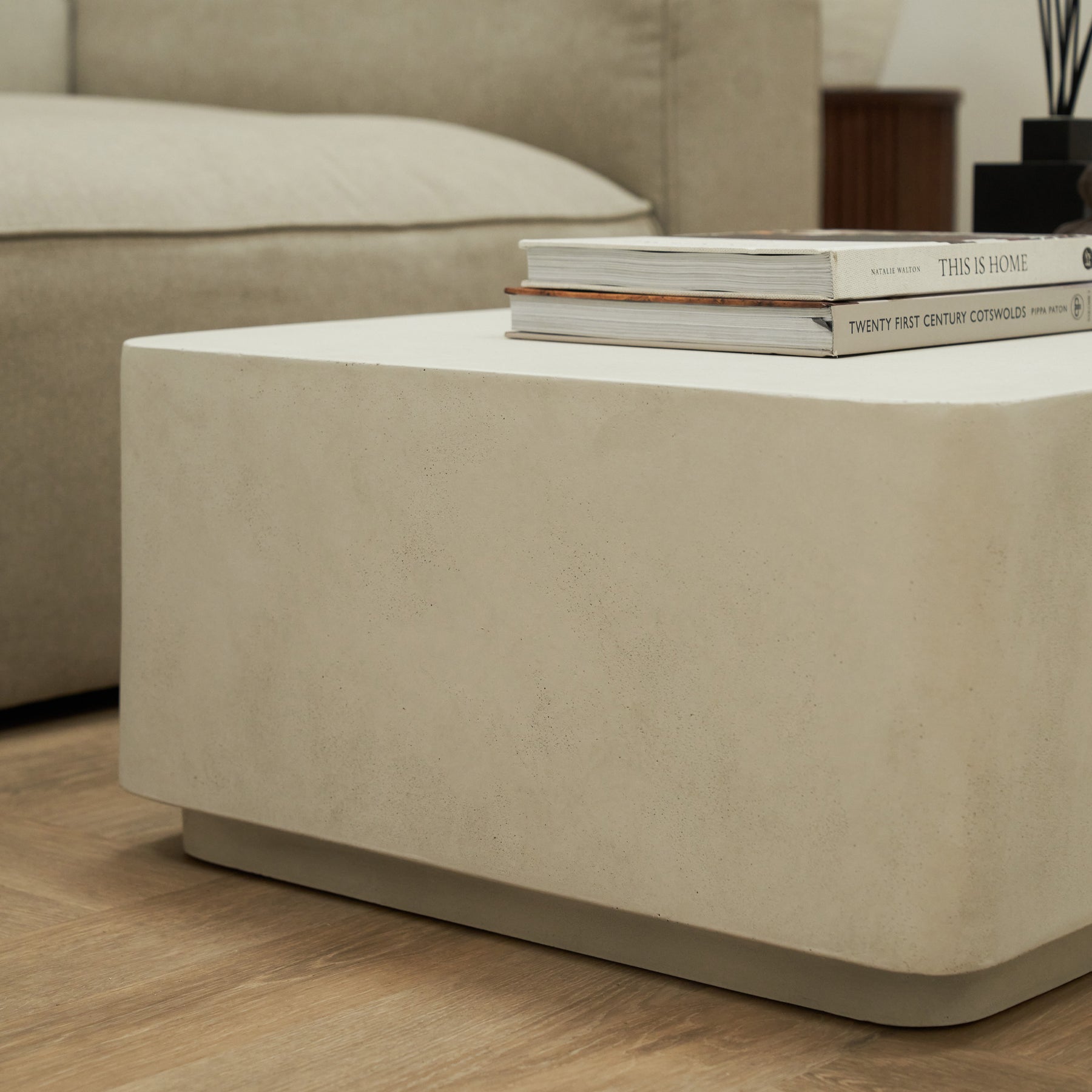 Detail shot of Minimal Concrete Rectangular Coffee Table Large base