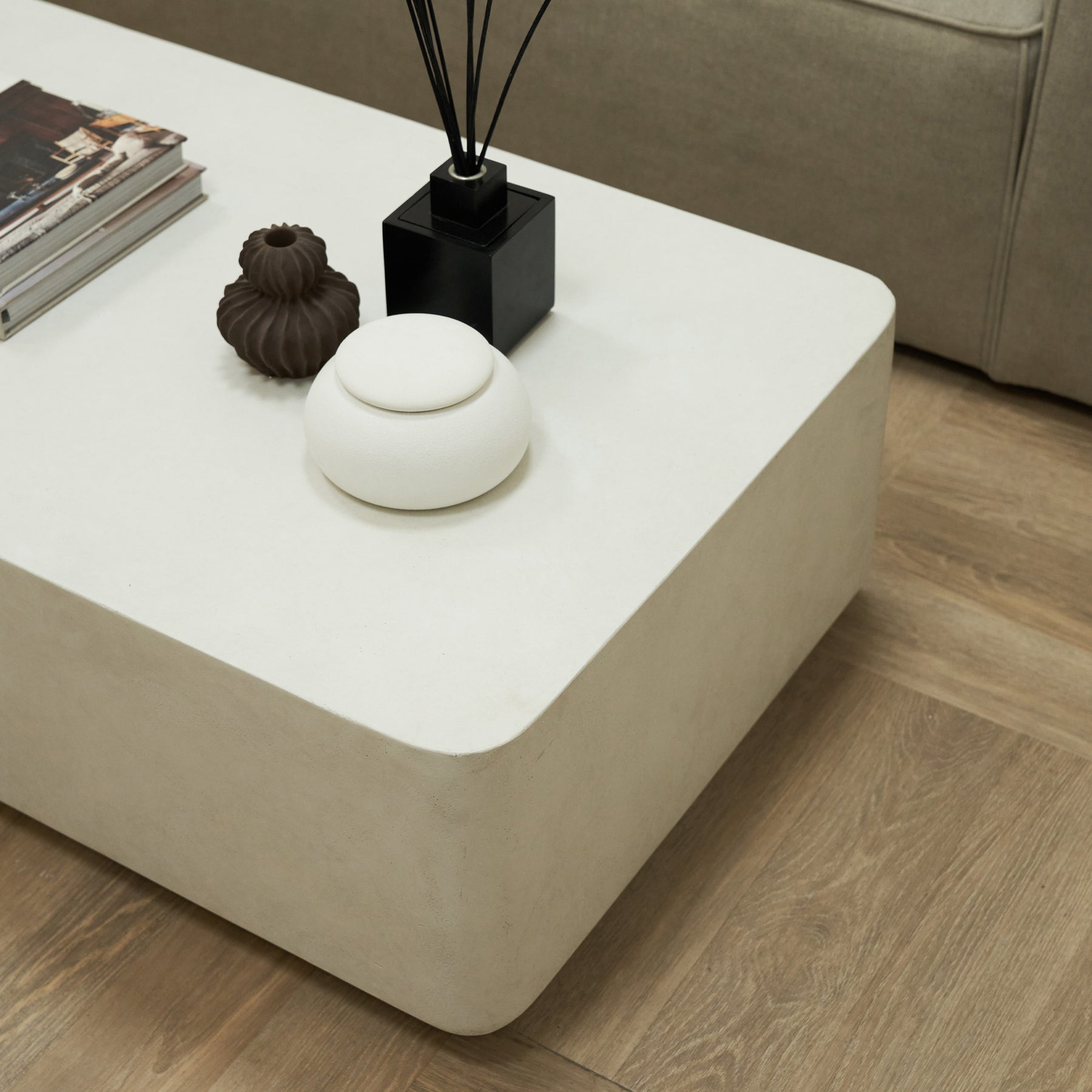 Detail shot of Minimal Concrete Rectangular Coffee Table Large corner