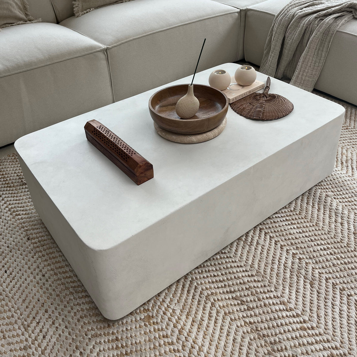 Minimal Concrete Rectangular Coffee Table Large adorned with wooden accessories
