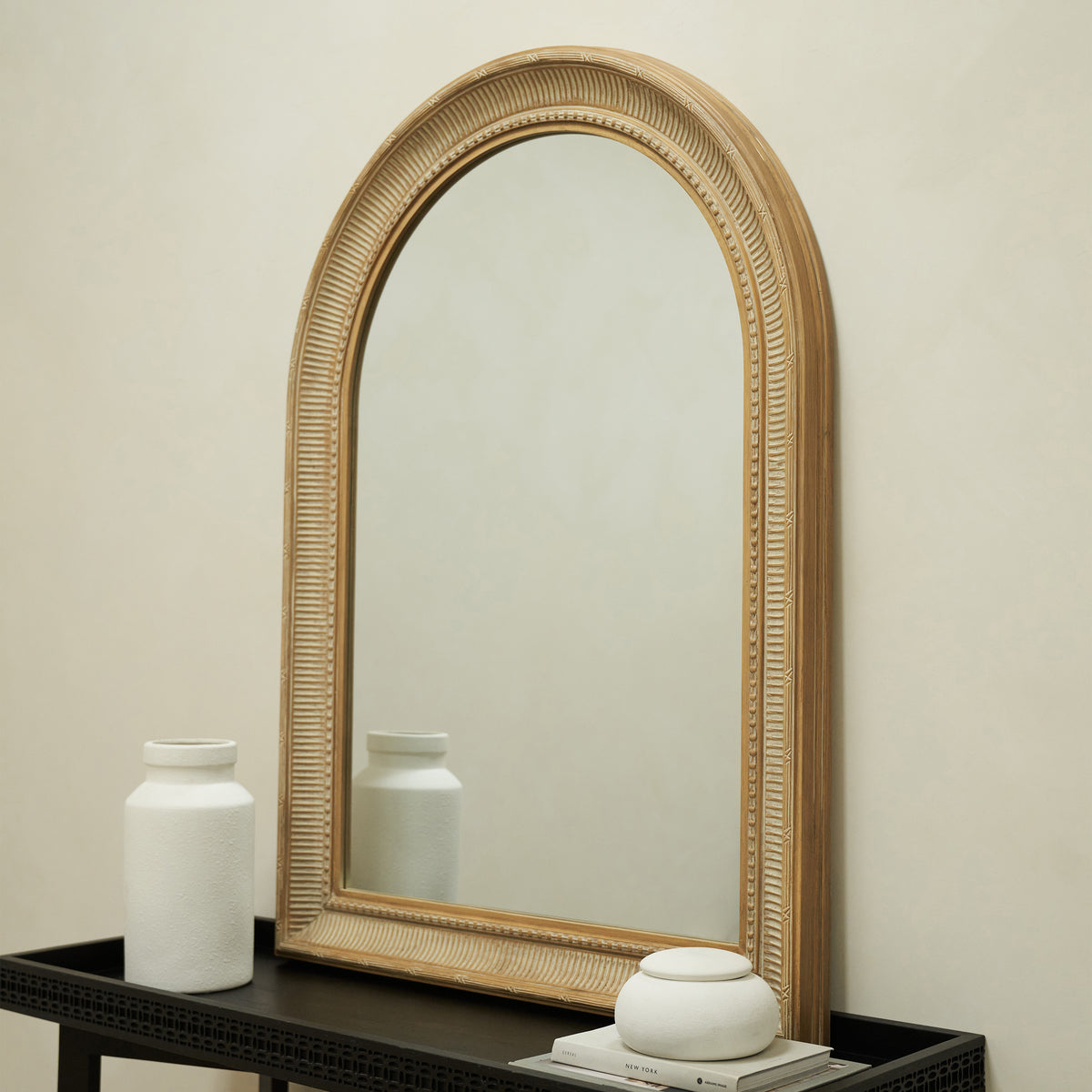 Antoine - Large White Washed Wood Arched Mirror 110cm x 80cm