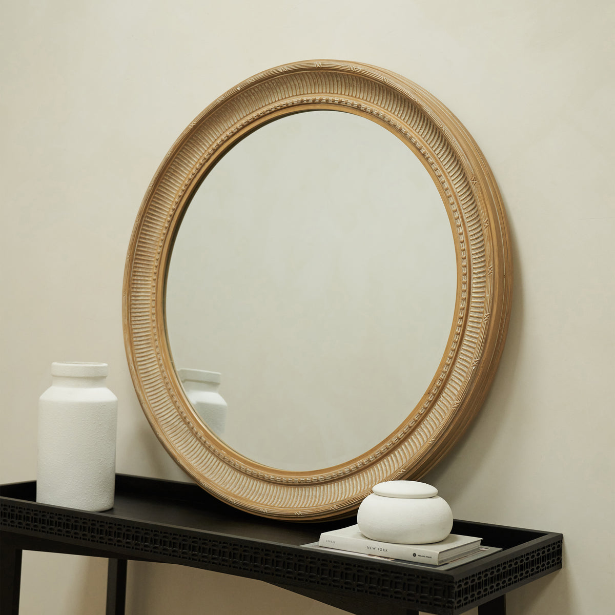 Antoine - Large White Washed Wood Round Wall Mirror 90cm x 90cm