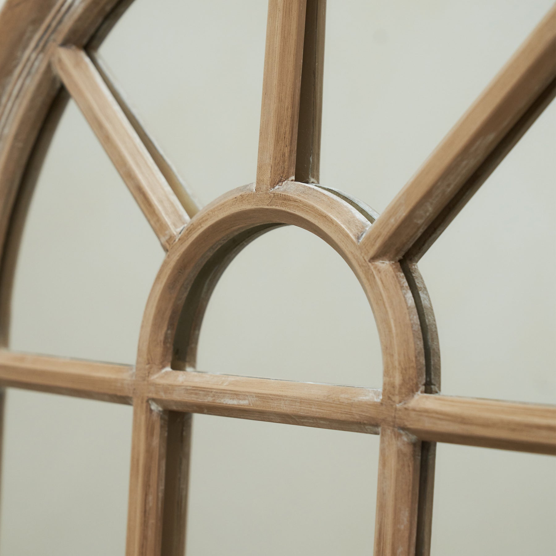 Detail shot of our Washed Wood Arched Shabby Chic Window Mirror window pane design