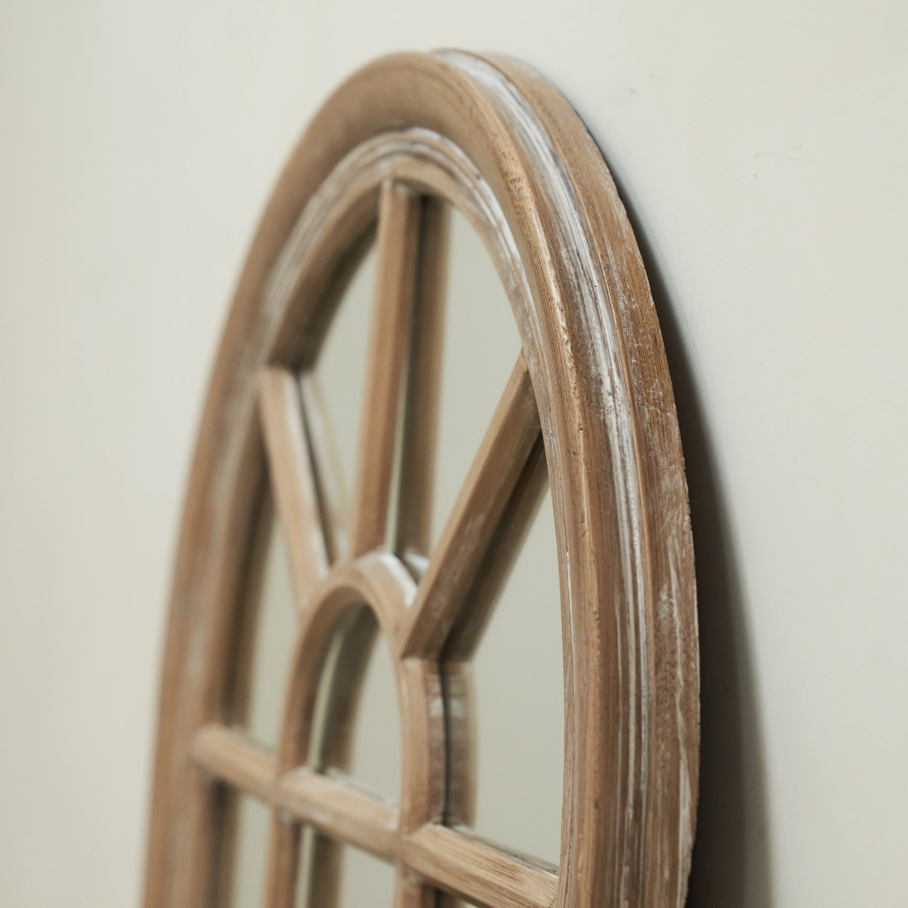 Side-on shot of Washed Wood Arched Shabby Chic Window Mirror