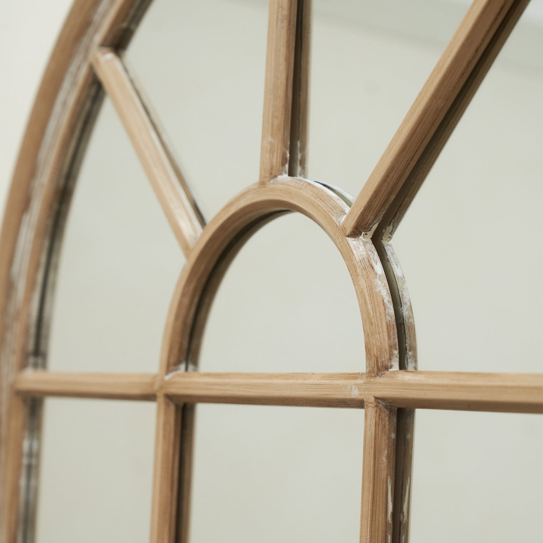 Detail shot of Large Washed Wood Arched Shabby Chic Window Mirror window pane design