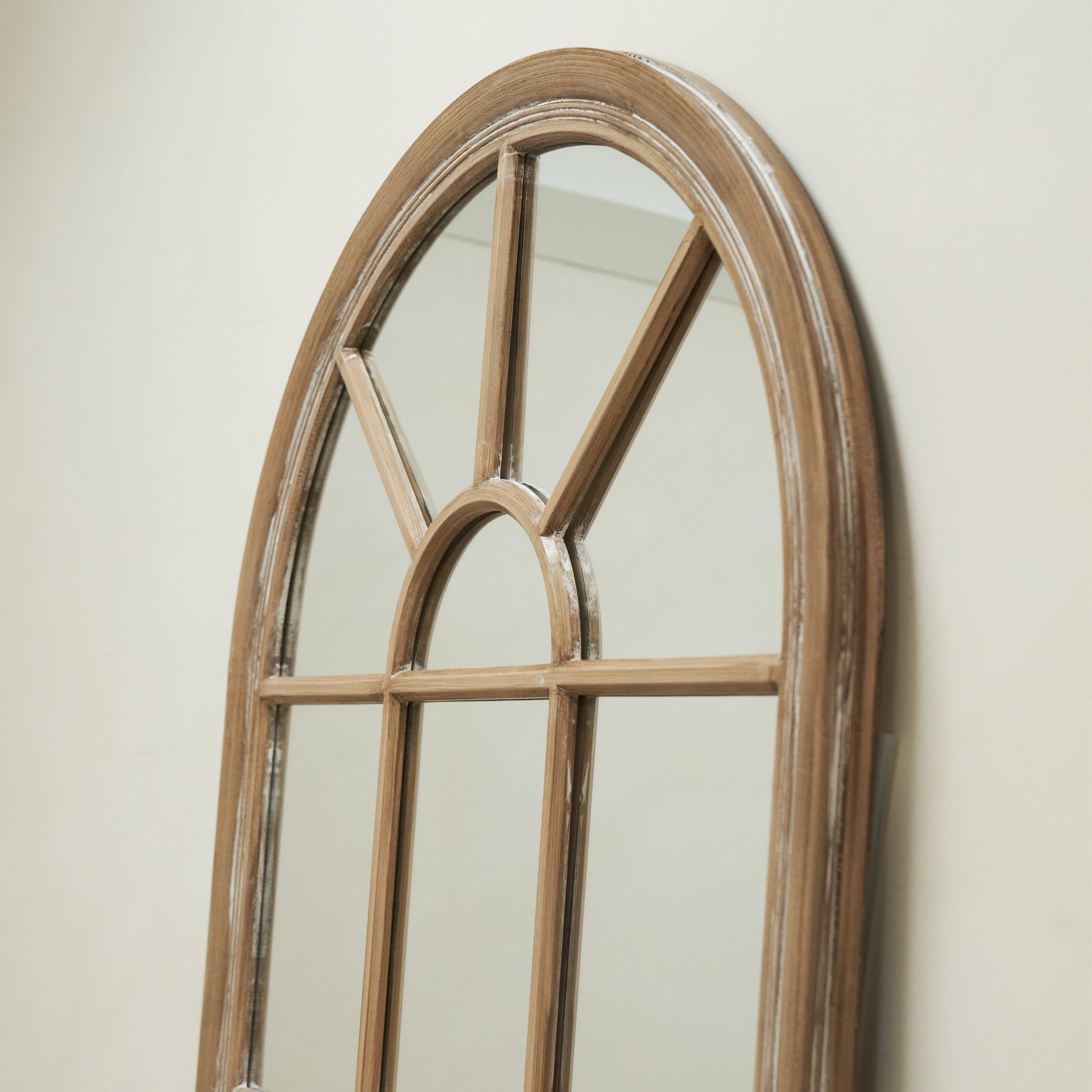 Top half view of Large Washed Wood Arched Shabby Chic Window Mirror