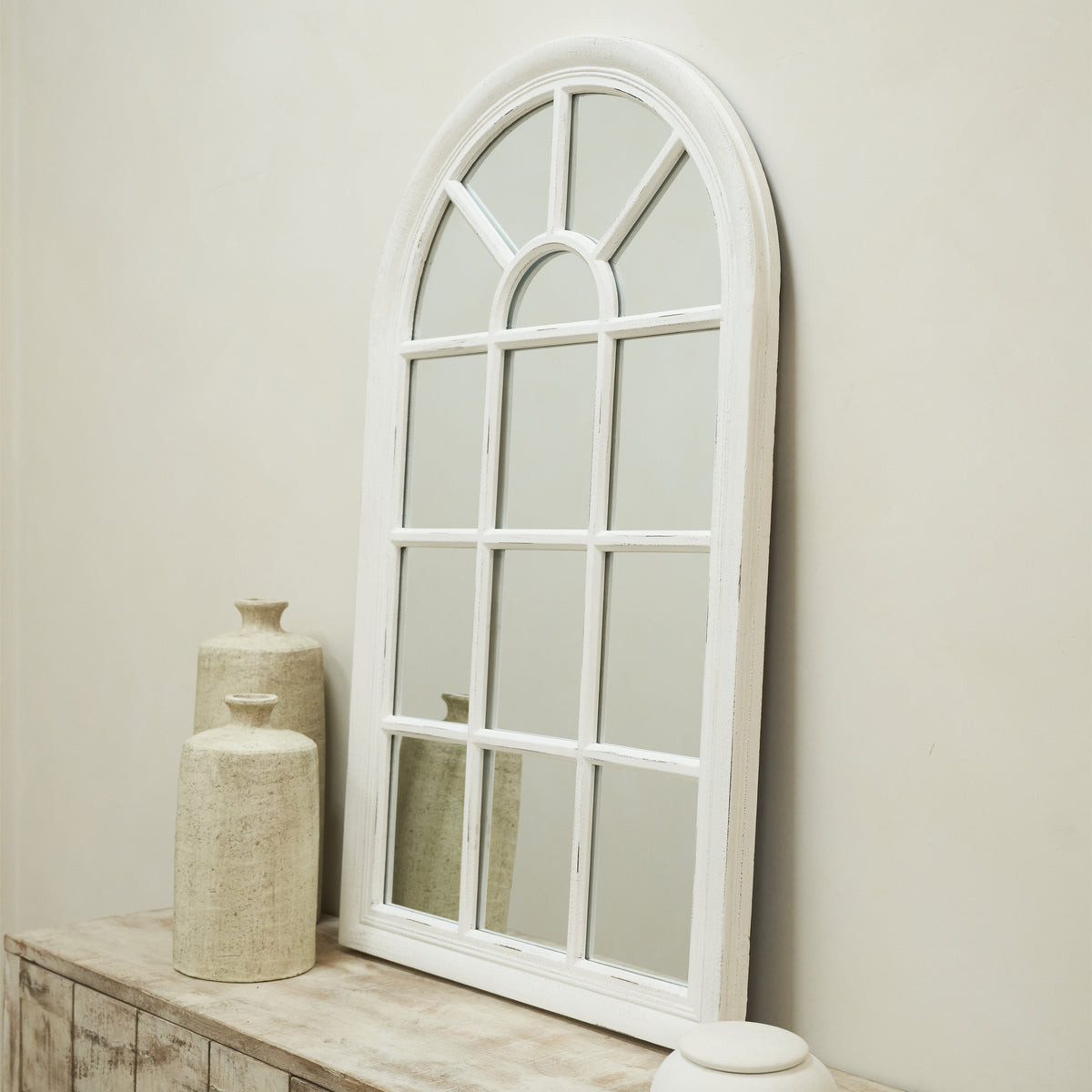 White Arched Shabby Chic Window Mirror on console table