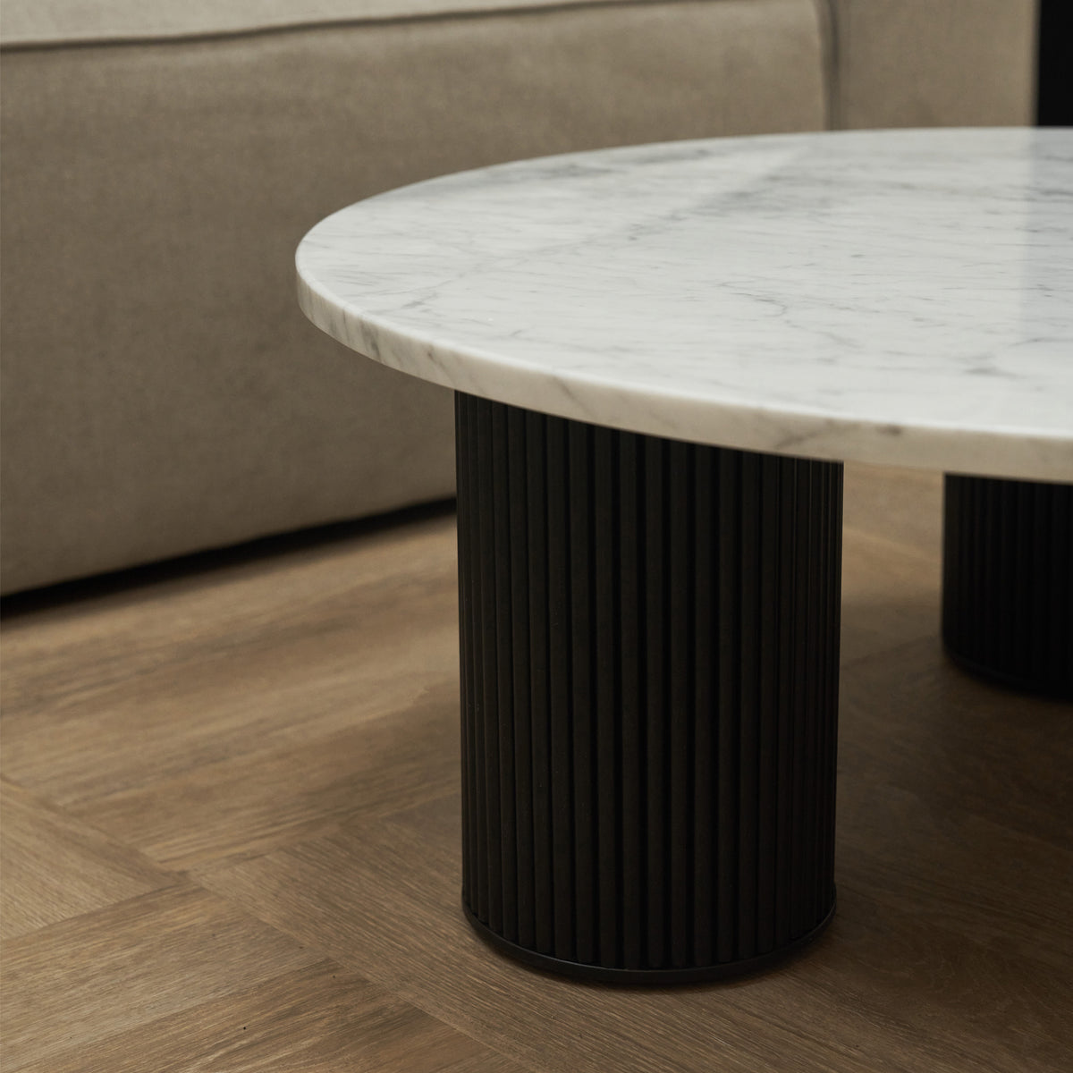 Detail shot of Marble Round Large Coffee Table real marble surface\