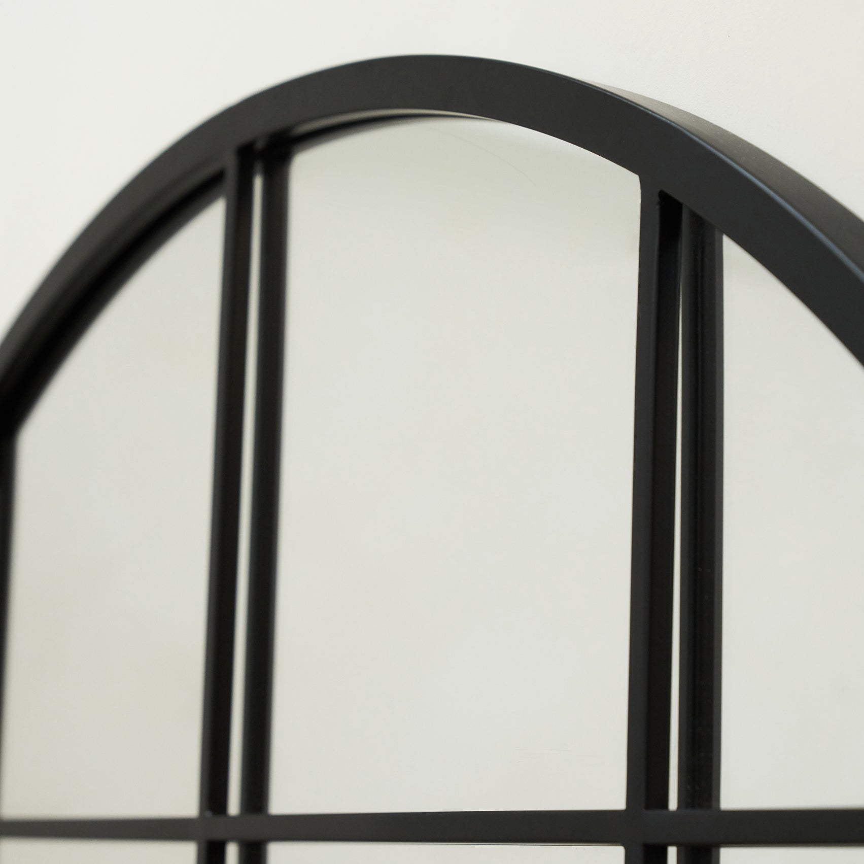 Detail shot of Full Length Extra Large Black Arched Metal Window Mirror arch