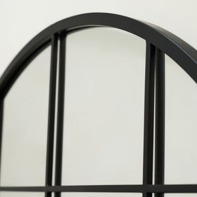 Detail shot of Full Length Extra Large Black Arched Metal Window Mirror arch