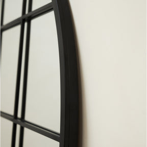 Closeup of Full Length Extra Large Black Arched Metal Window Mirror side profile