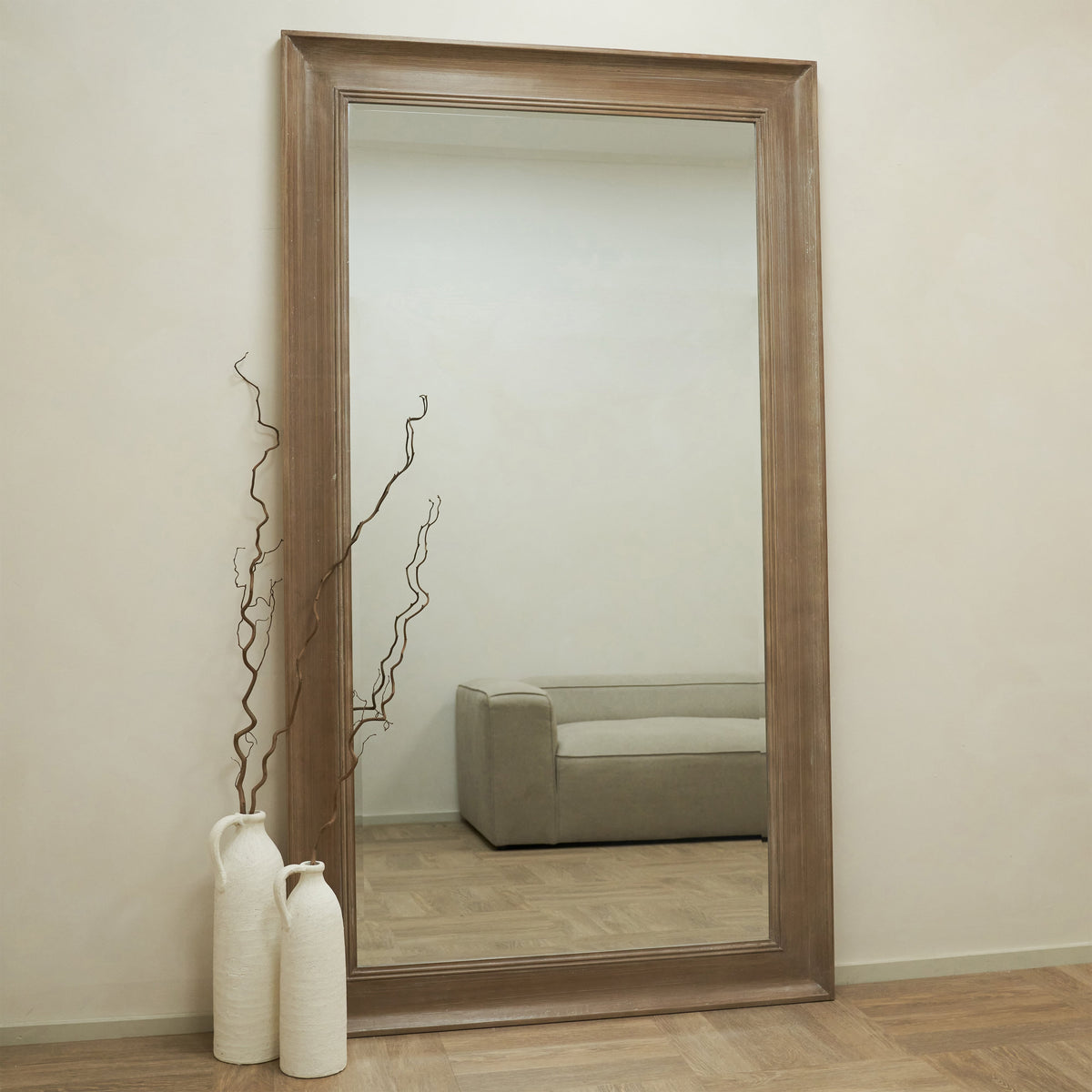 Extra Large Full Length Washed Wood Mirror leaning against wall