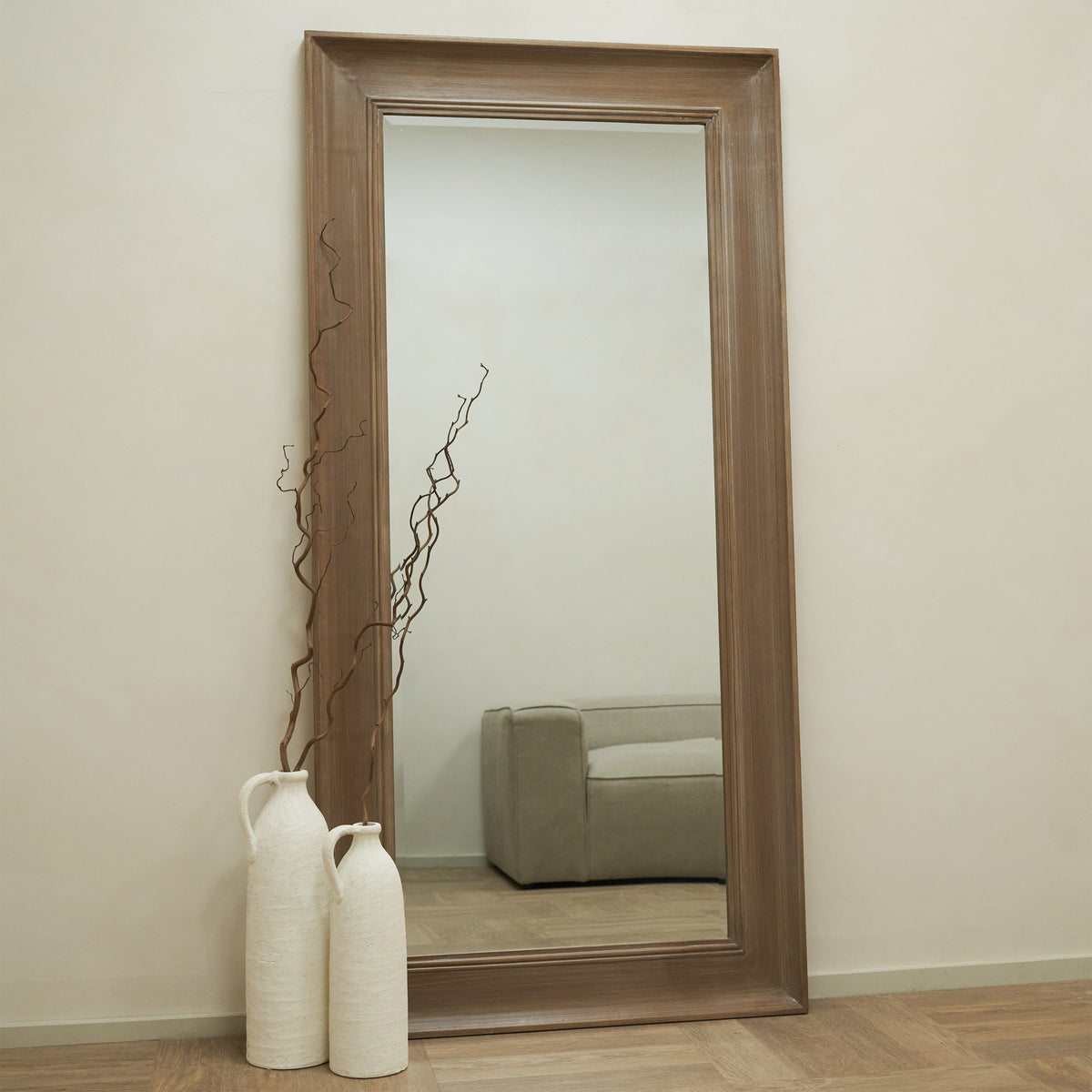 Large Full Length Washed Wood Mirror leaning against wall