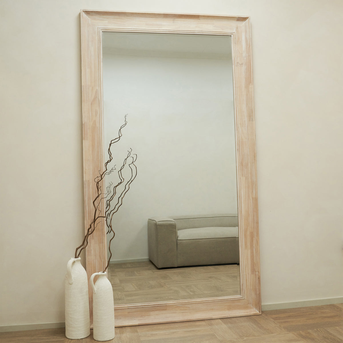 Extra Large Full Length White Washed Wood Mirror leaning against wall