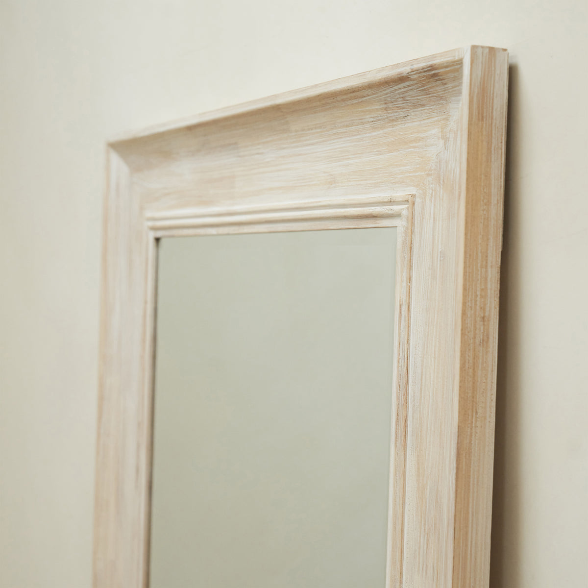 Detailed half shot of Extra Large Full Length White Washed Wood Mirror
