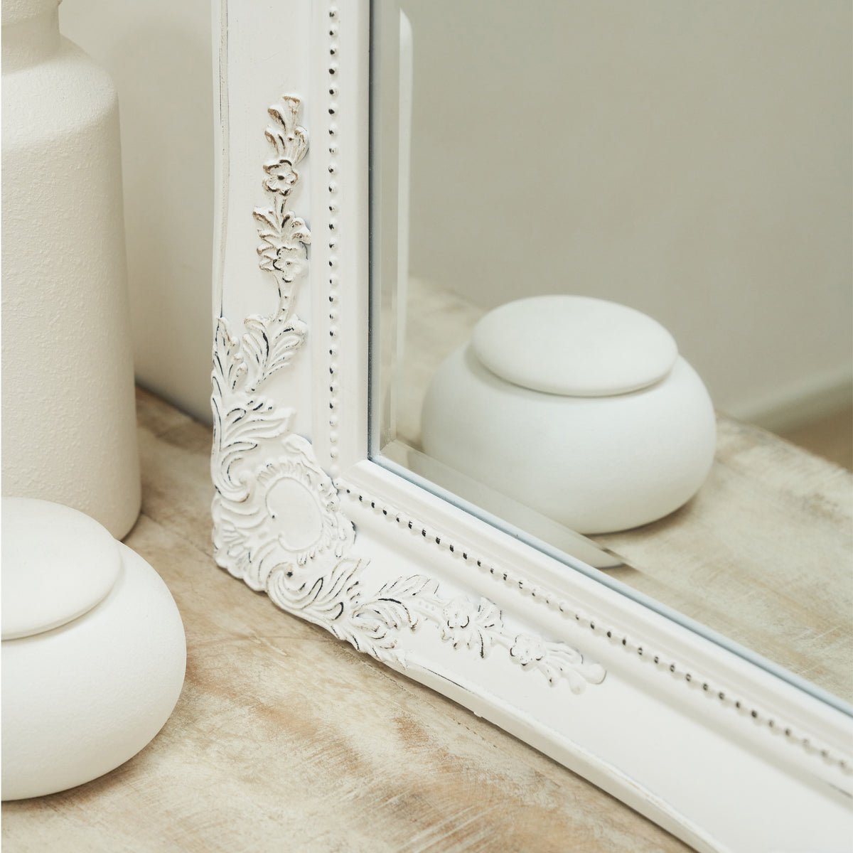 Detail shot of  Large Vintage White Rectangular Wall Mirror corner