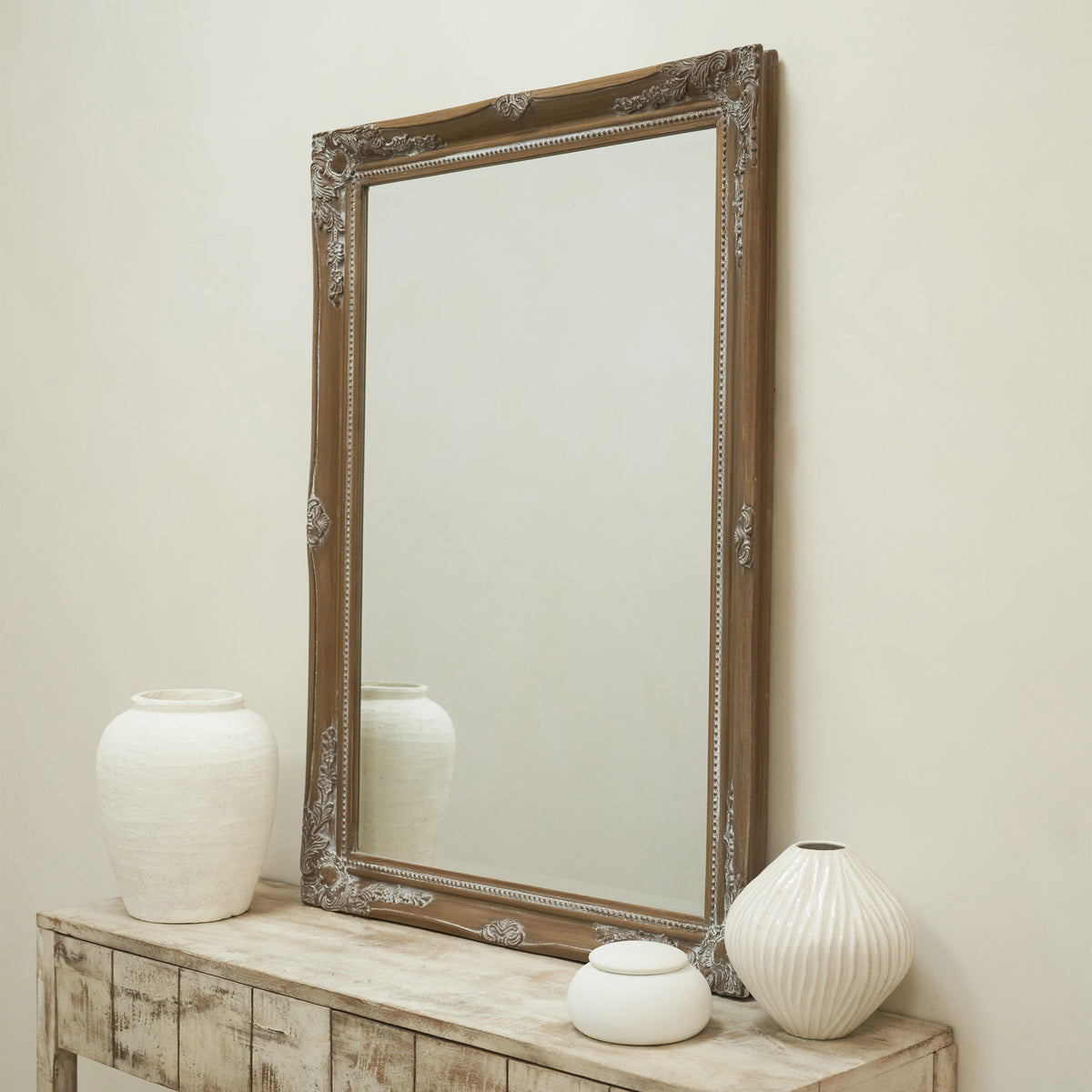 Large Washed Wood Rectangular Wall Mirror on console table