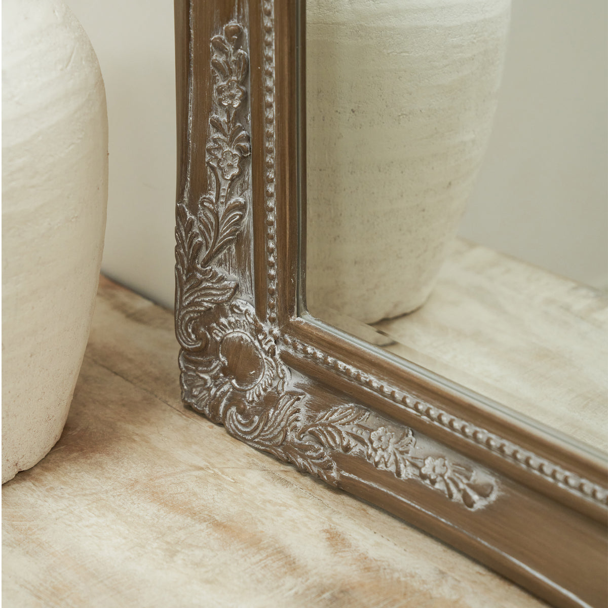 Detail shot of Large Washed Wood Rectangular Wall Mirror corner