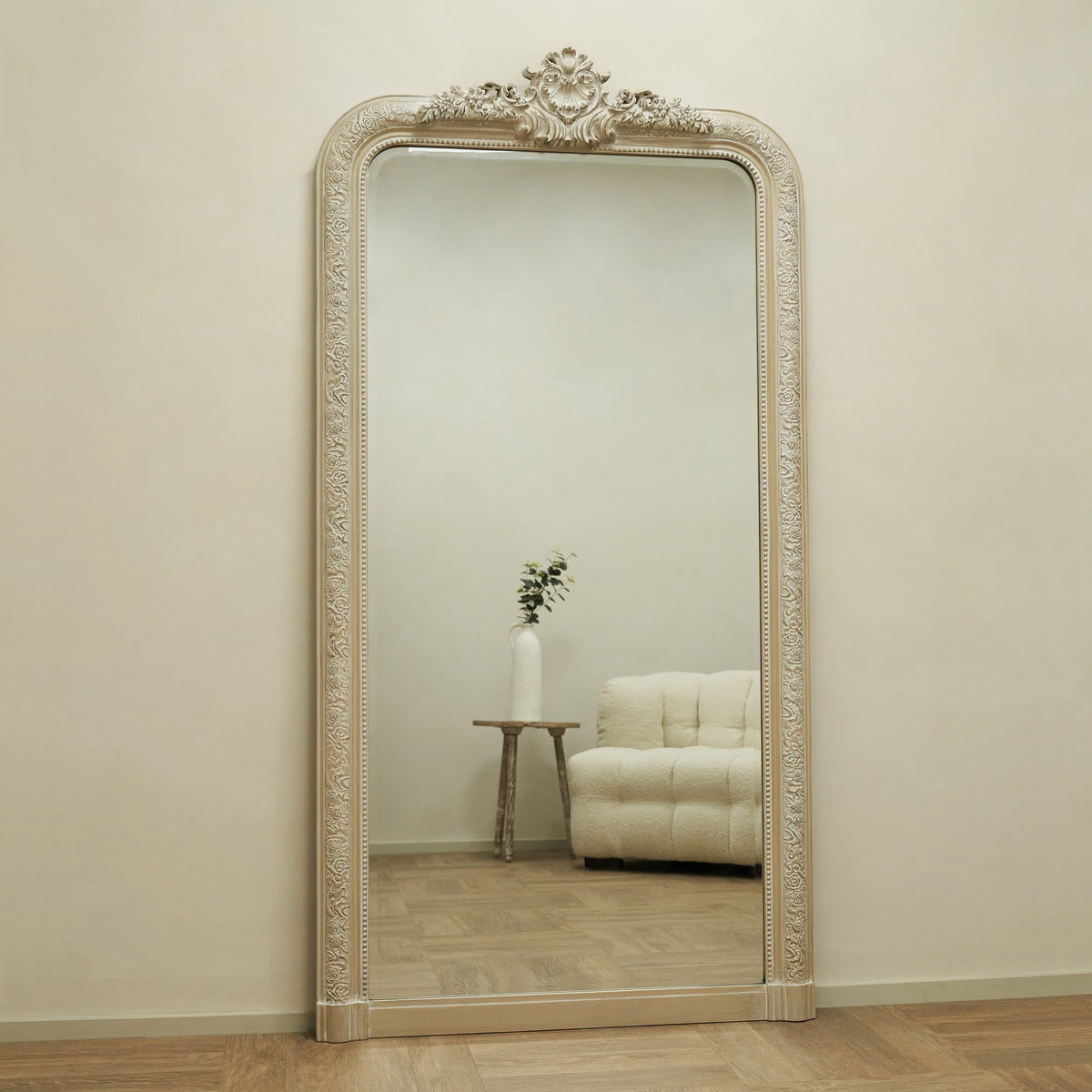 Kensington - Full Length White Washed Wood Ornate Mirror 196cm x 100cm