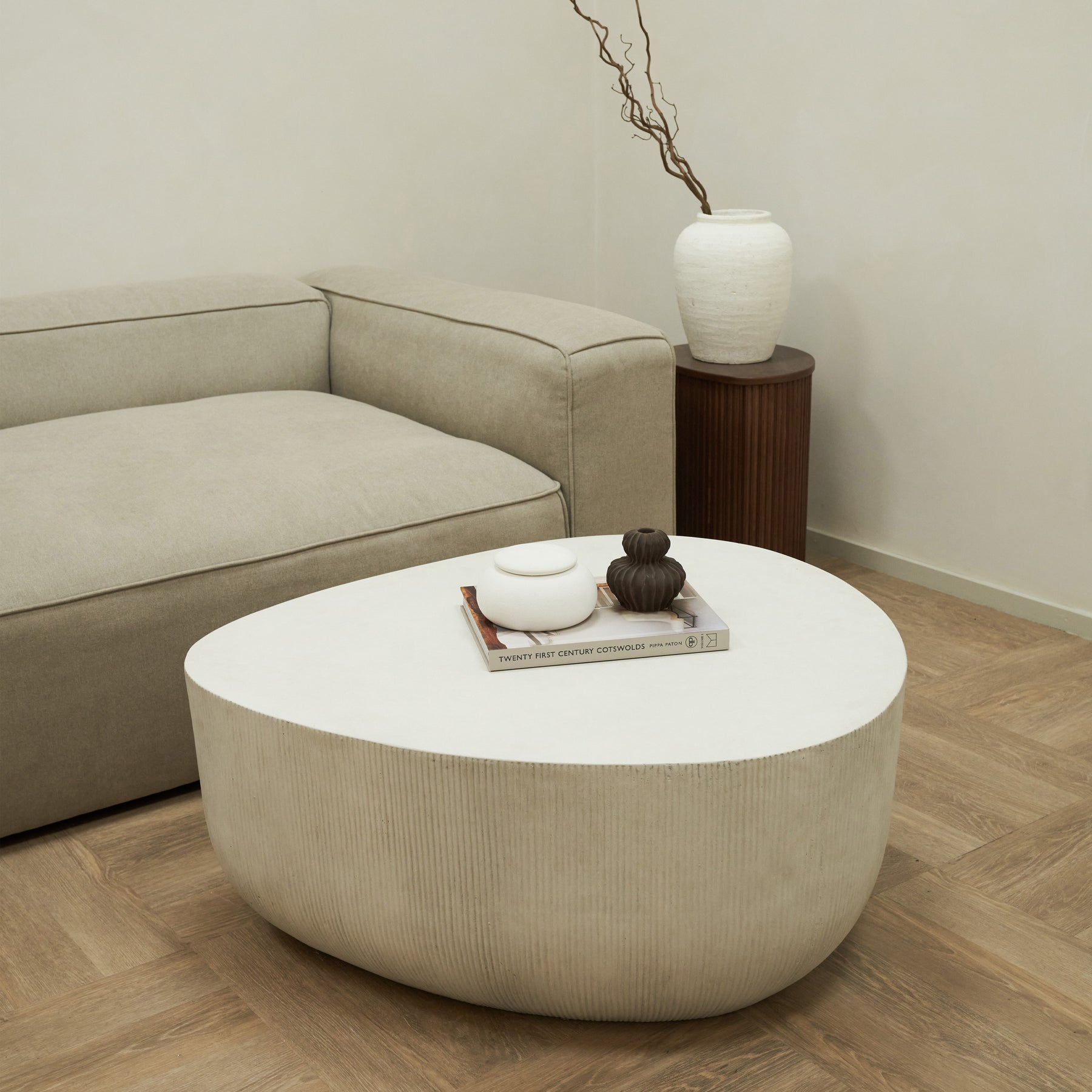 Minimal Concrete Irregular Shaped Coffee Table Large in living room, beside sofa