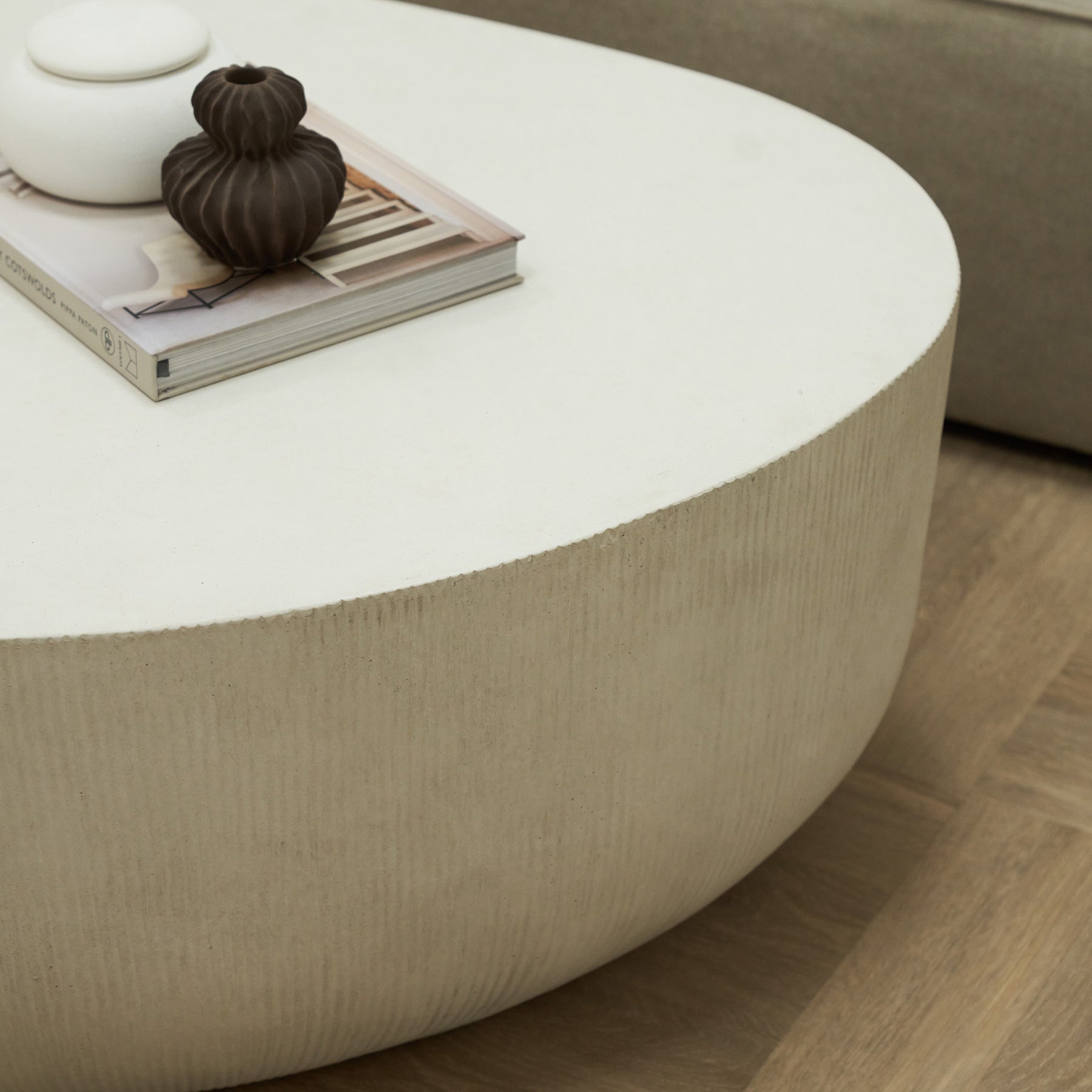 Alternate shot of Minimal Concrete Irregular Shaped Coffee Table Large ribbed design