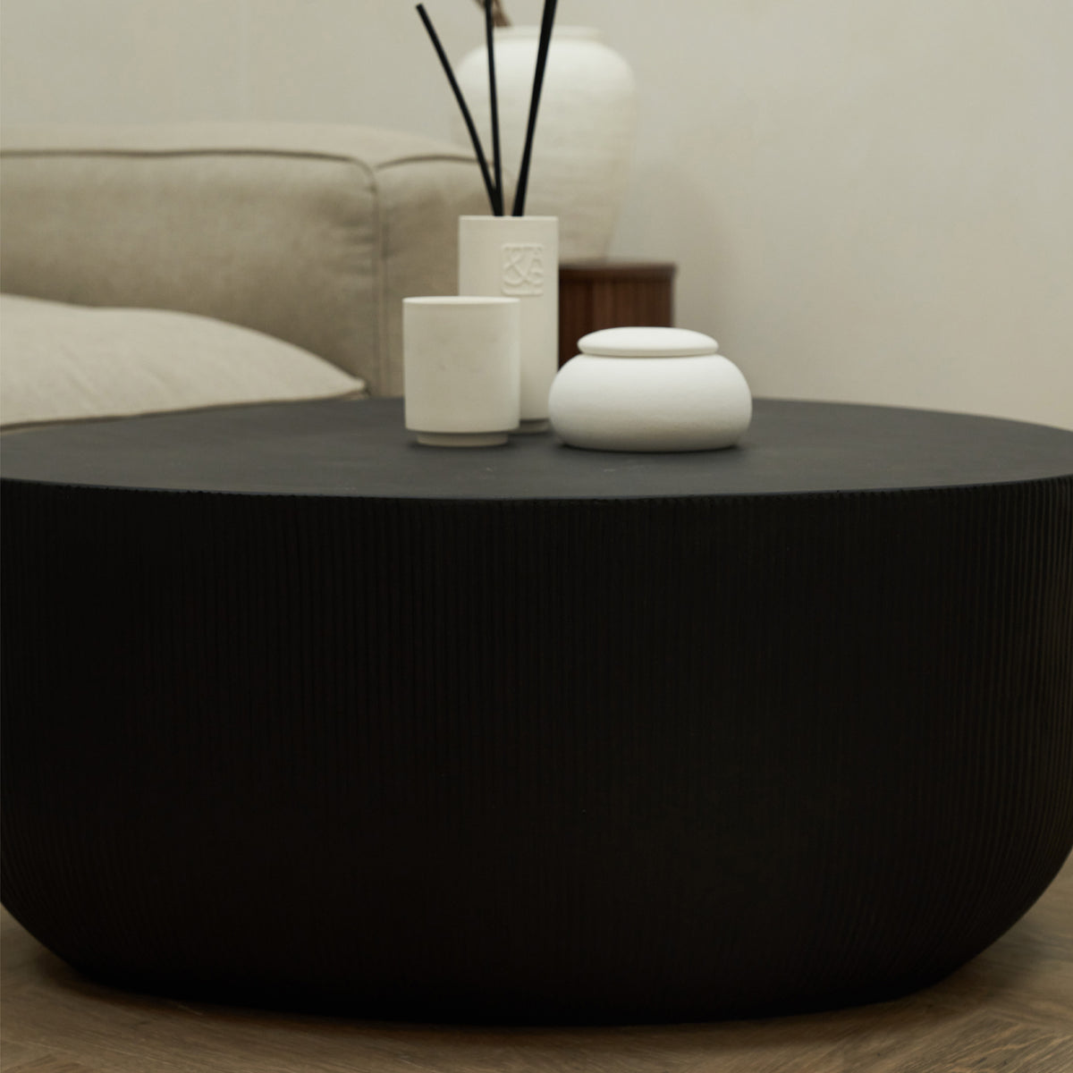 Side-on view of Minimal Onyx Irregular Shaped Coffee Table Large