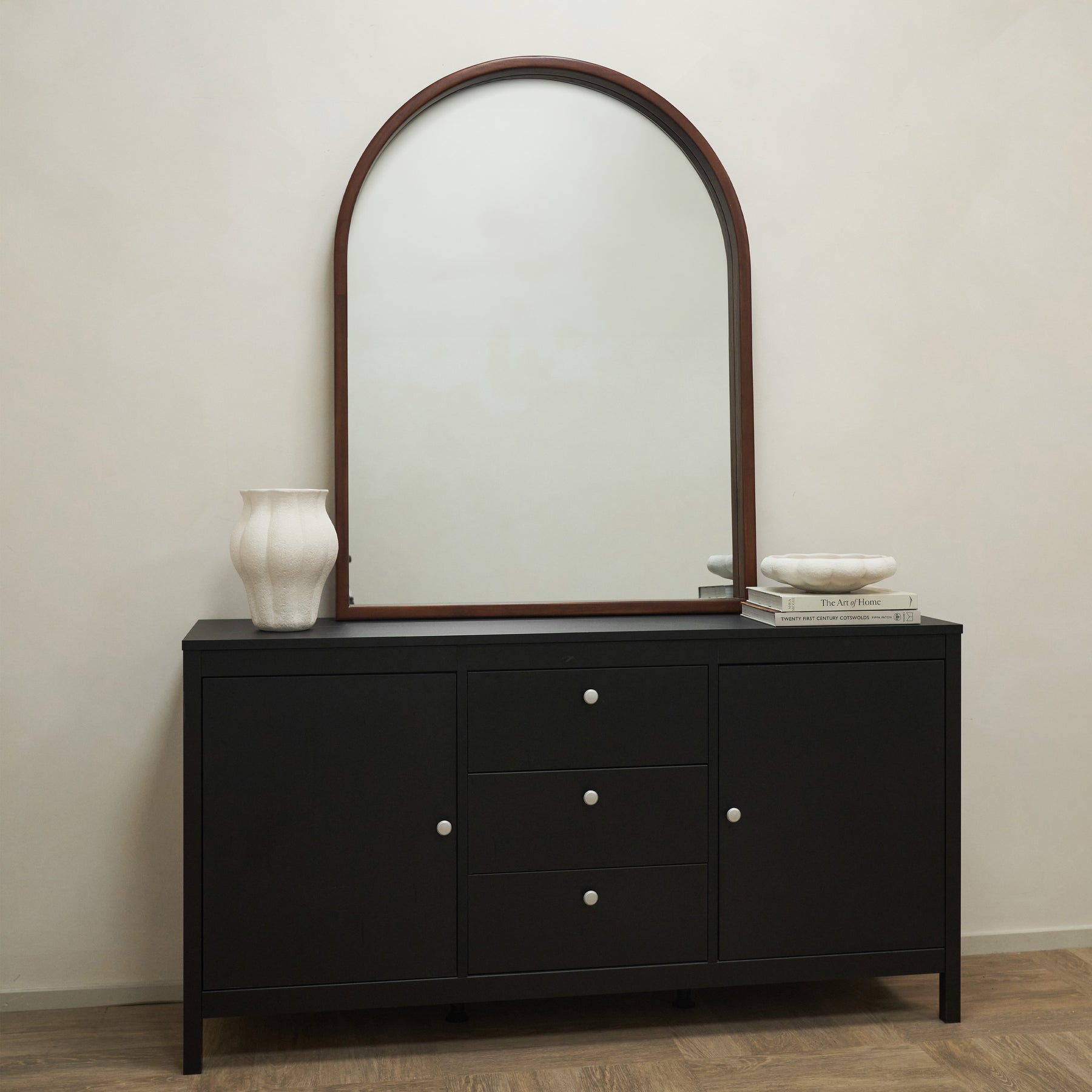 Lilia - Walnut Organic Overmantle Wooden Arched Mirror 120cm x 90cm