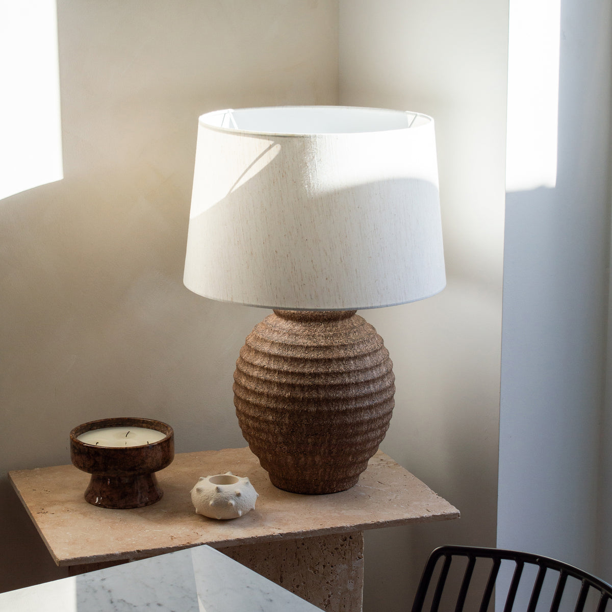 Linosa - Brown Textured Ceramic Drum Shade Table Lamp