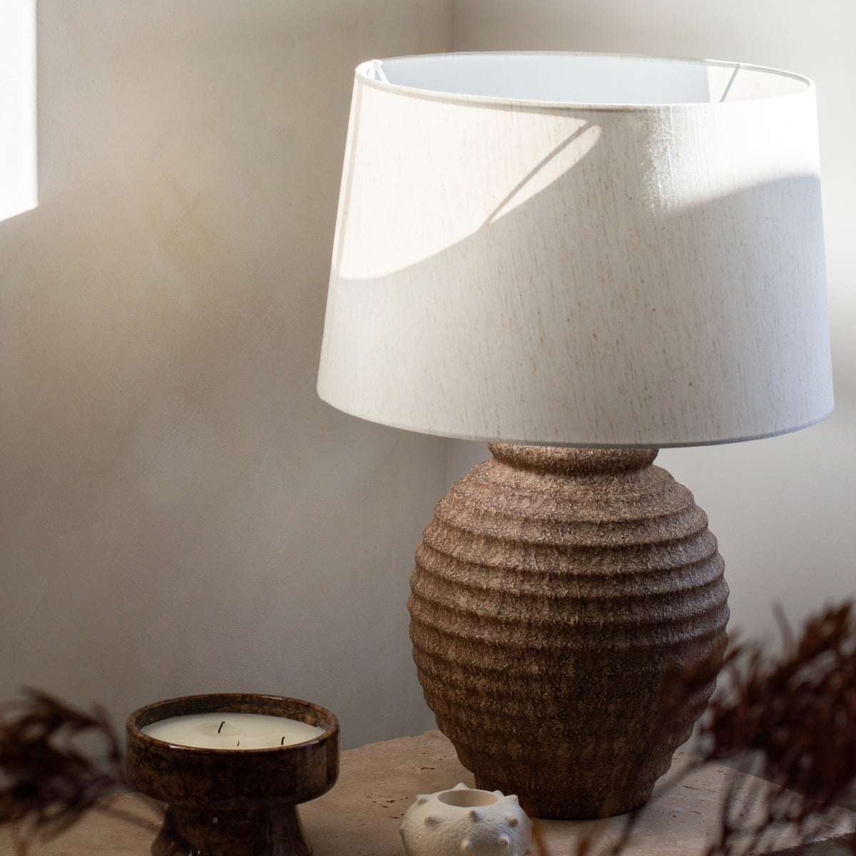 Linosa - Brown Textured Ceramic Drum Shade Table Lamp