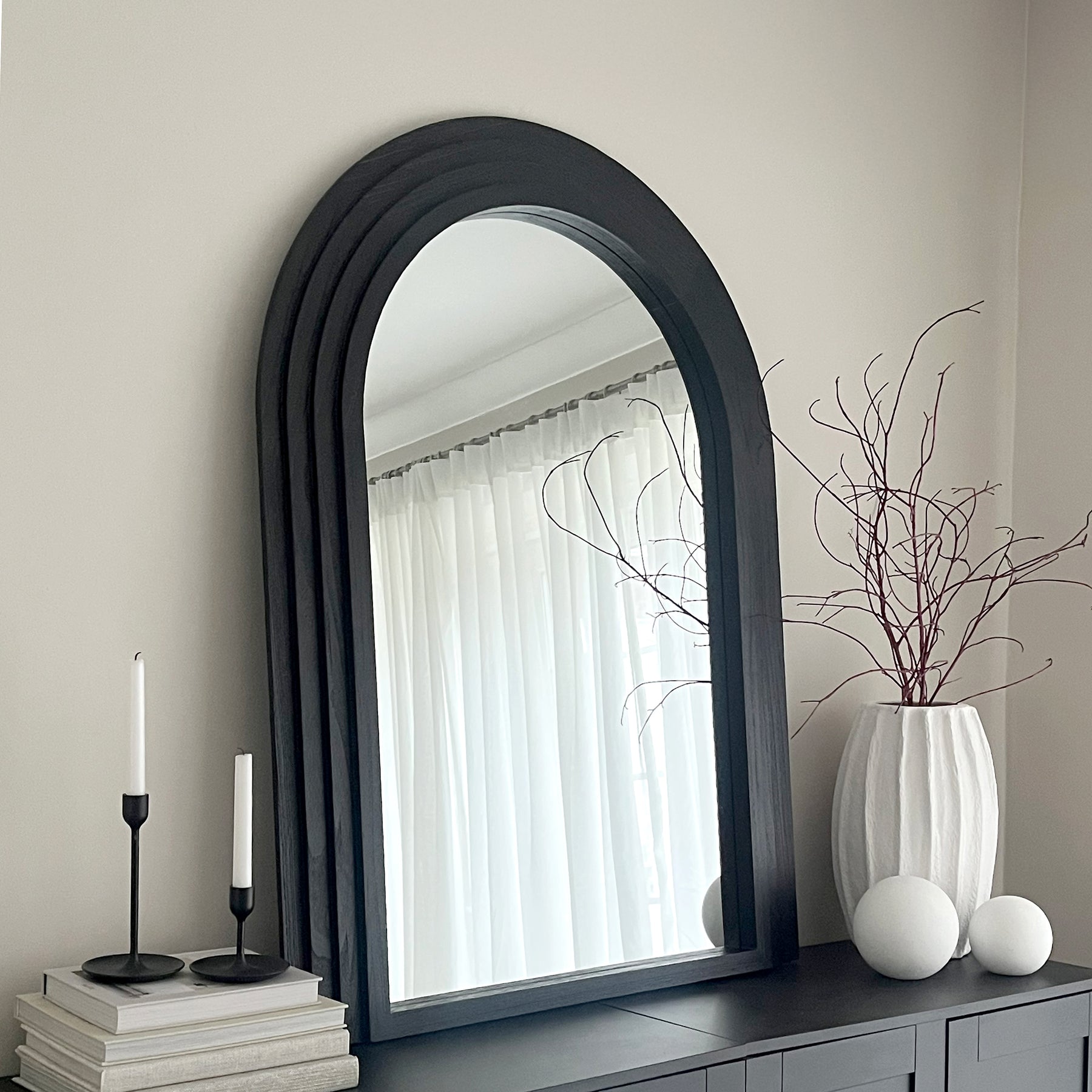 Luciana - Charred Black Arched Overmantle Mirror 120cm x 90cm