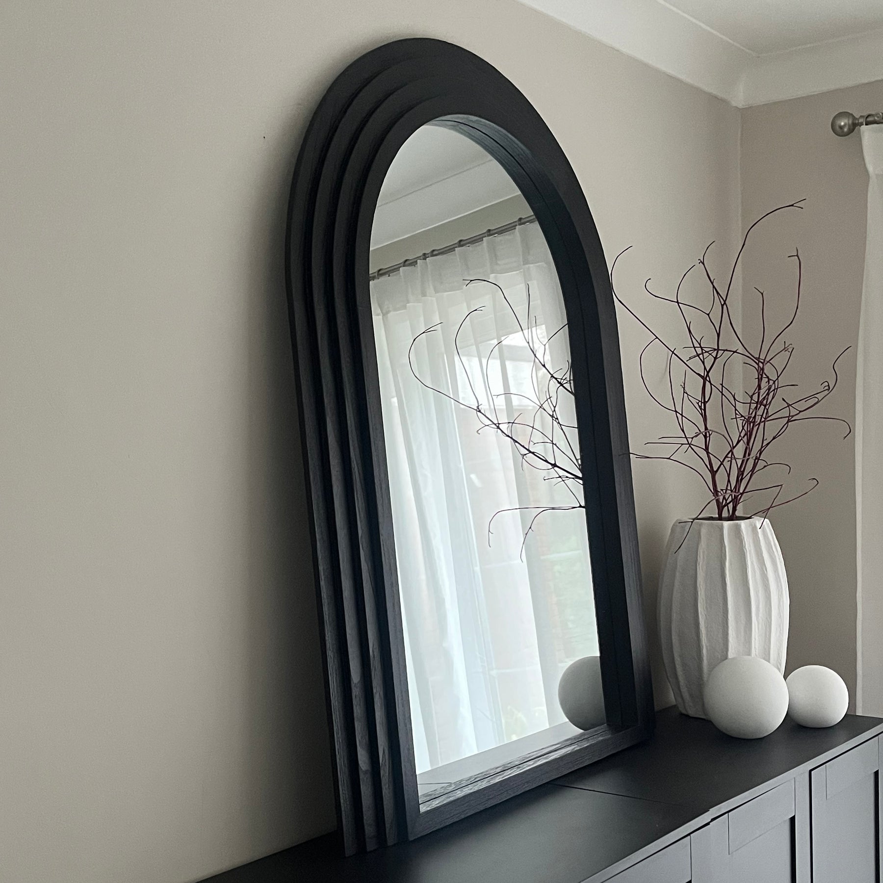 Luciana - Charred Black Arched Overmantle Mirror 120cm x 90cm