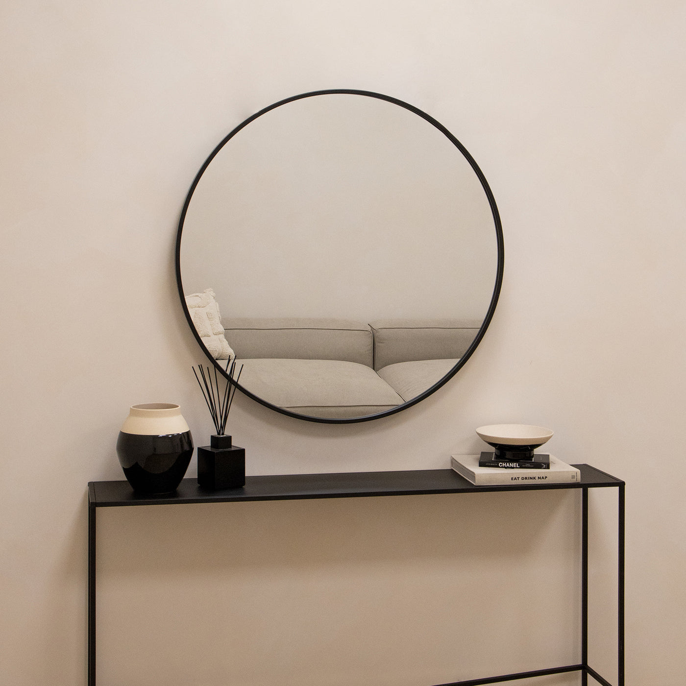 Black Metal Industrial Round Wall Mirror 90cm x 90cm - Metro