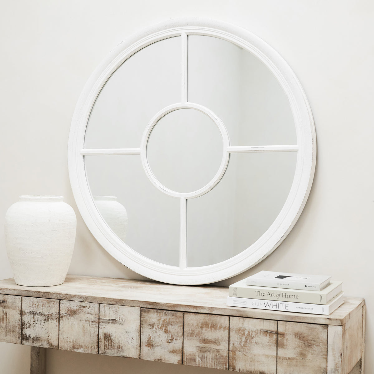 Rennes - White Shabby Chic Round Window Mirror 90cm x 90cm