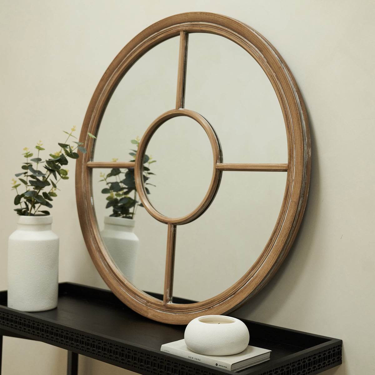 Rennes - Washed Wood Round Window Mirror 90cm x 90cm