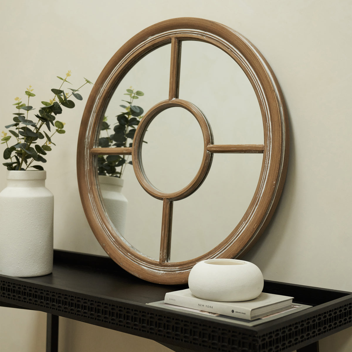 Rennes - Washed Wood Round Window Mirror 70cm x 70cm