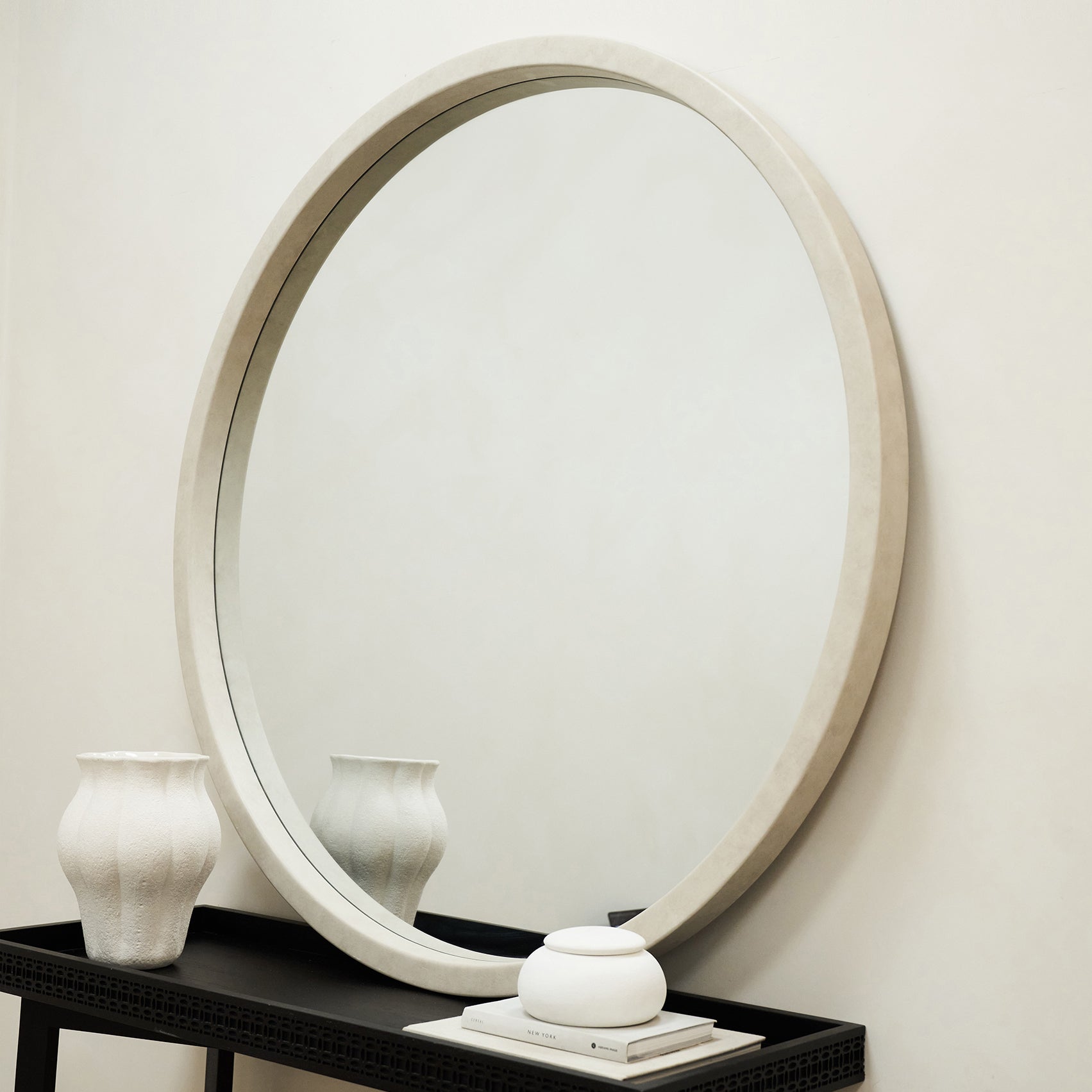 Extra Large Concrete Round Wall Mirror on console table