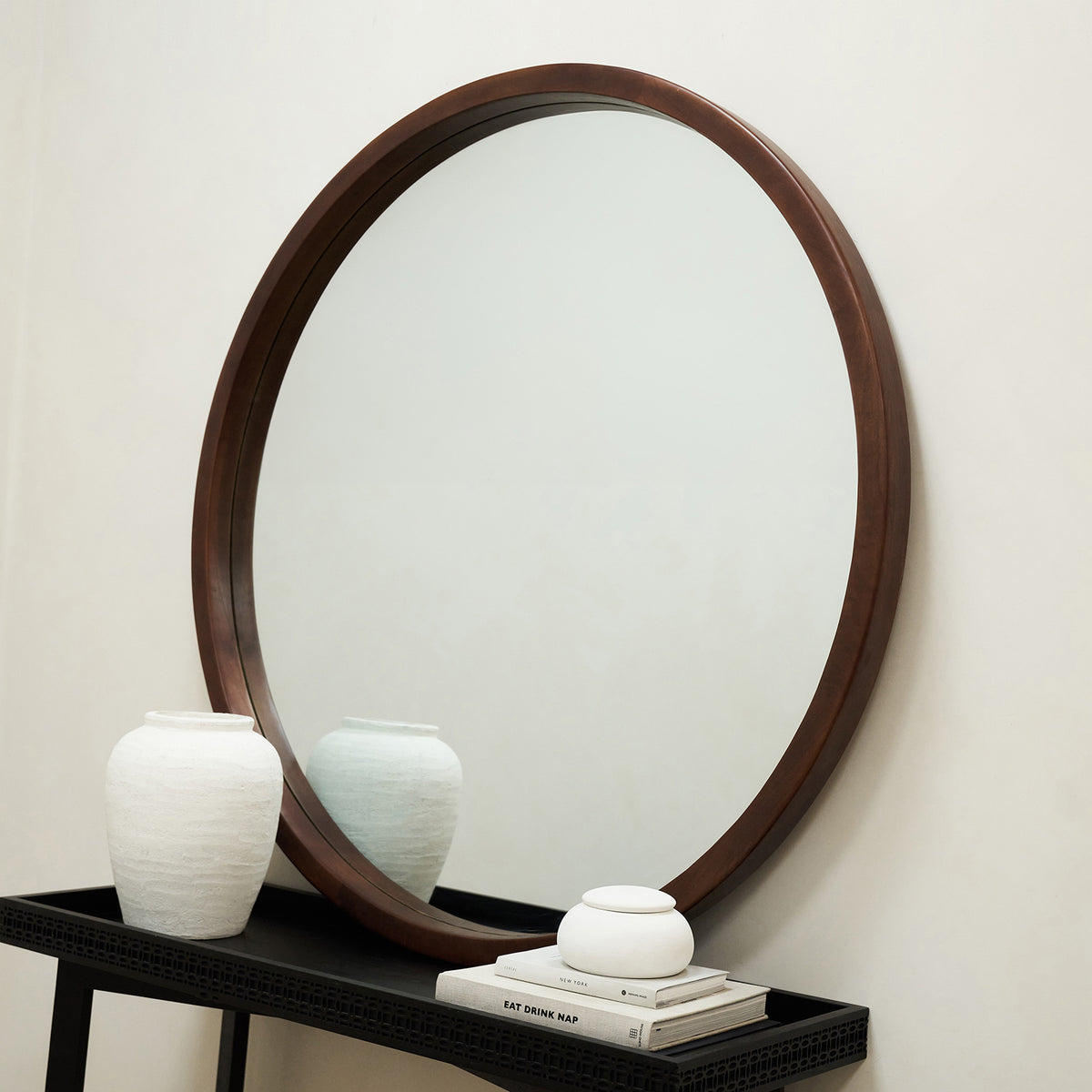 Extra Large Walnut Round Wall Mirror on console table