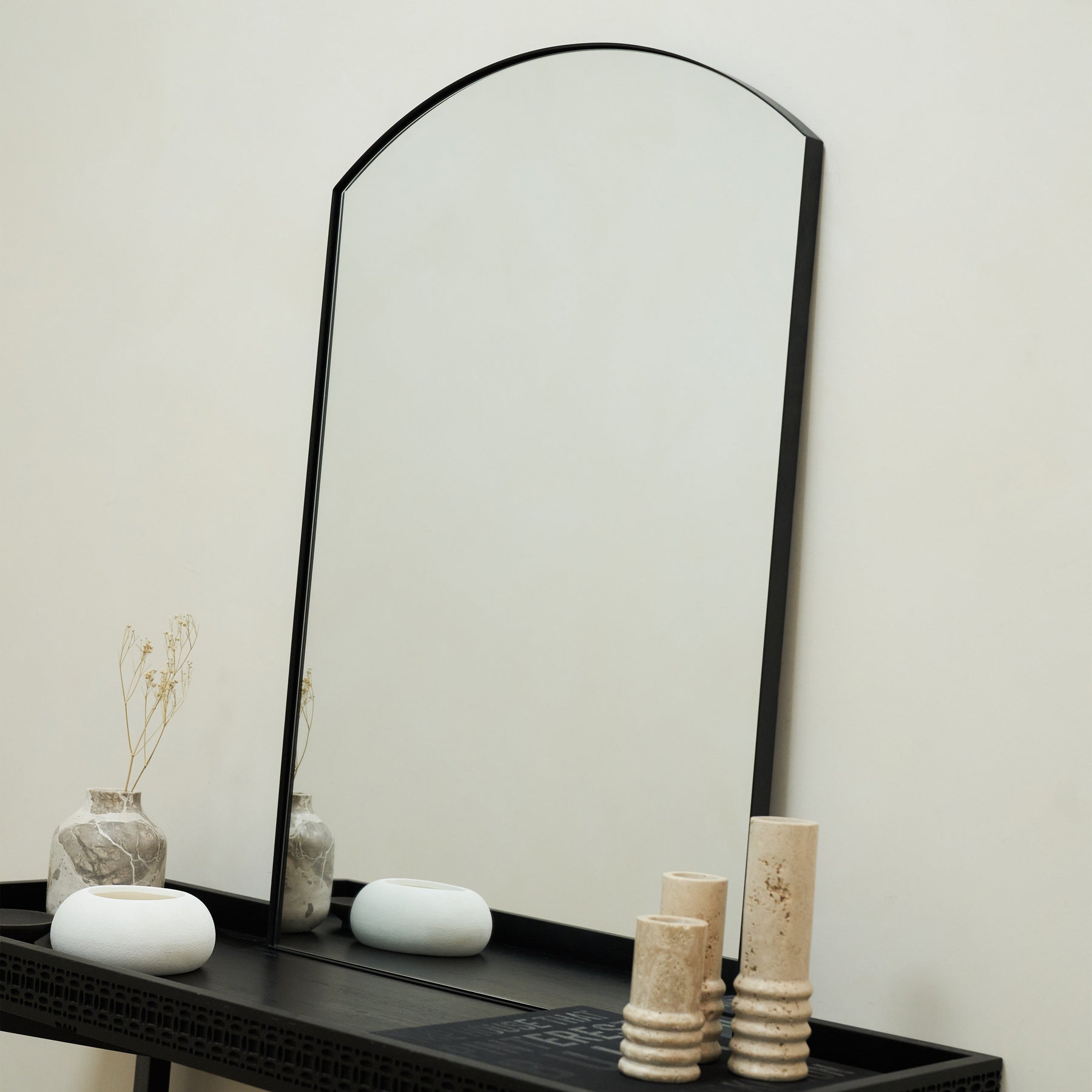 Theo - Black Arched Metal Wall Mirror 90cm x 60cm