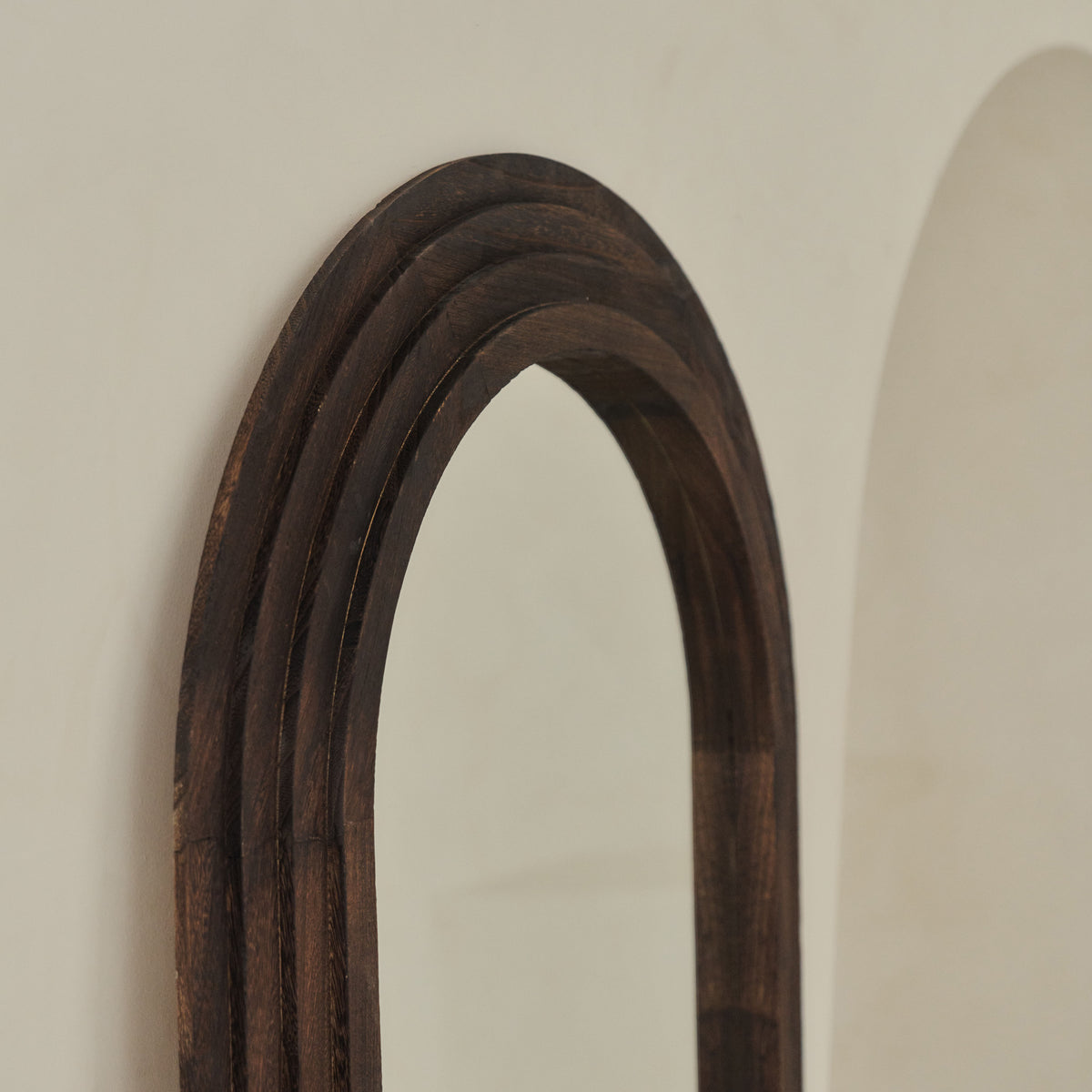 Side-on view of Full Length Arched Charred Wood Mirror