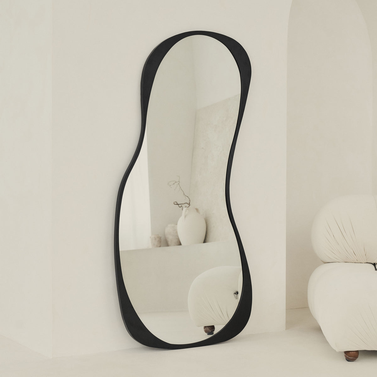  Large Full Length Black Metal Irregular Mirror leaning against wall