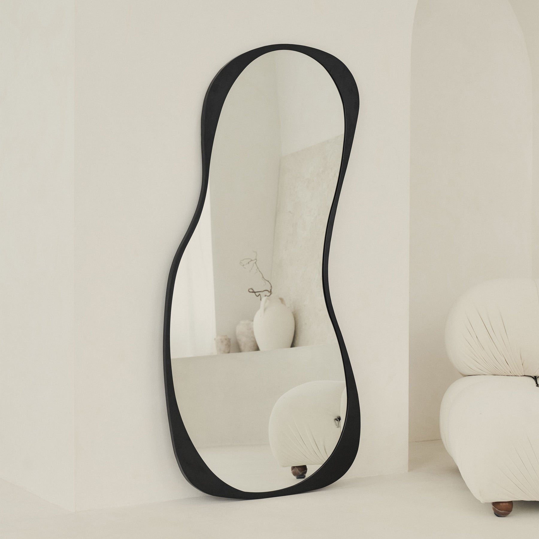  Large Full Length Black Metal Irregular Mirror leaning against wall