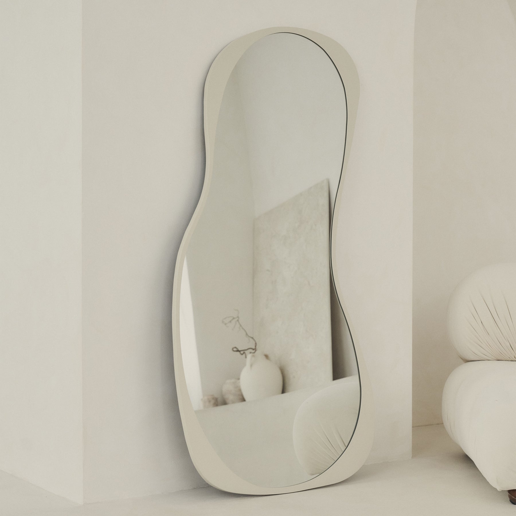 Large Full Length Concrete Metal Irregular Mirror leaning against wall