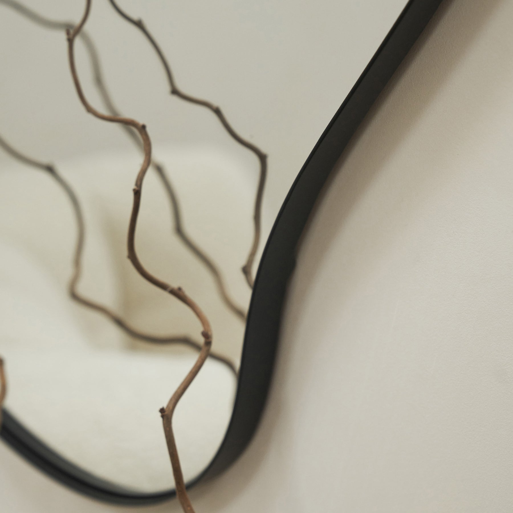 Detail shot of branches collaging with Black Metal Pond Shaped Irregular Wall Mirror