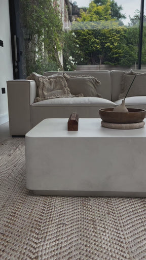 Video of Minimal Concrete Rectangular Coffee Table Large in a typical setting